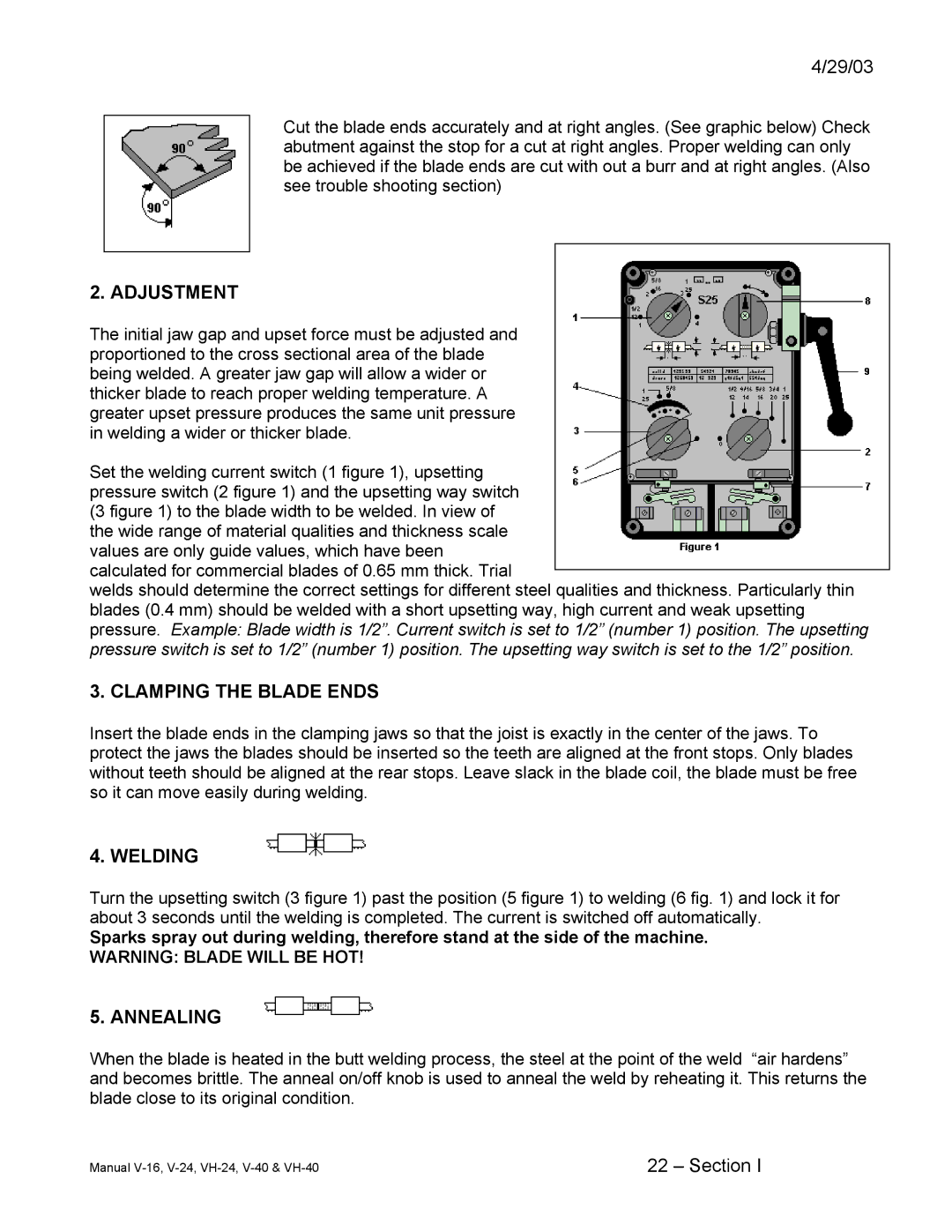 Johnson Hardware V-24, VH-24, E-16, V-40, VH-40, V-16 instruction manual Adjustment, Clamping the Blade Ends, Welding, Annealing 