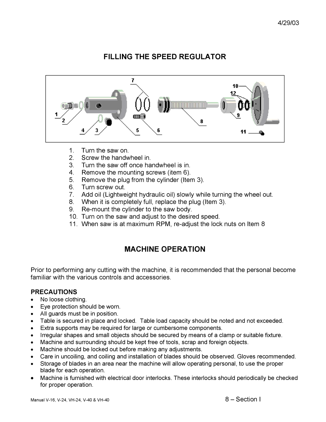 Johnson Hardware V-24, VH-24, E-16, V-40, VH-40, V-16, Johnson Vertical Band Saws Filling the Speed Regulator, Precautions 