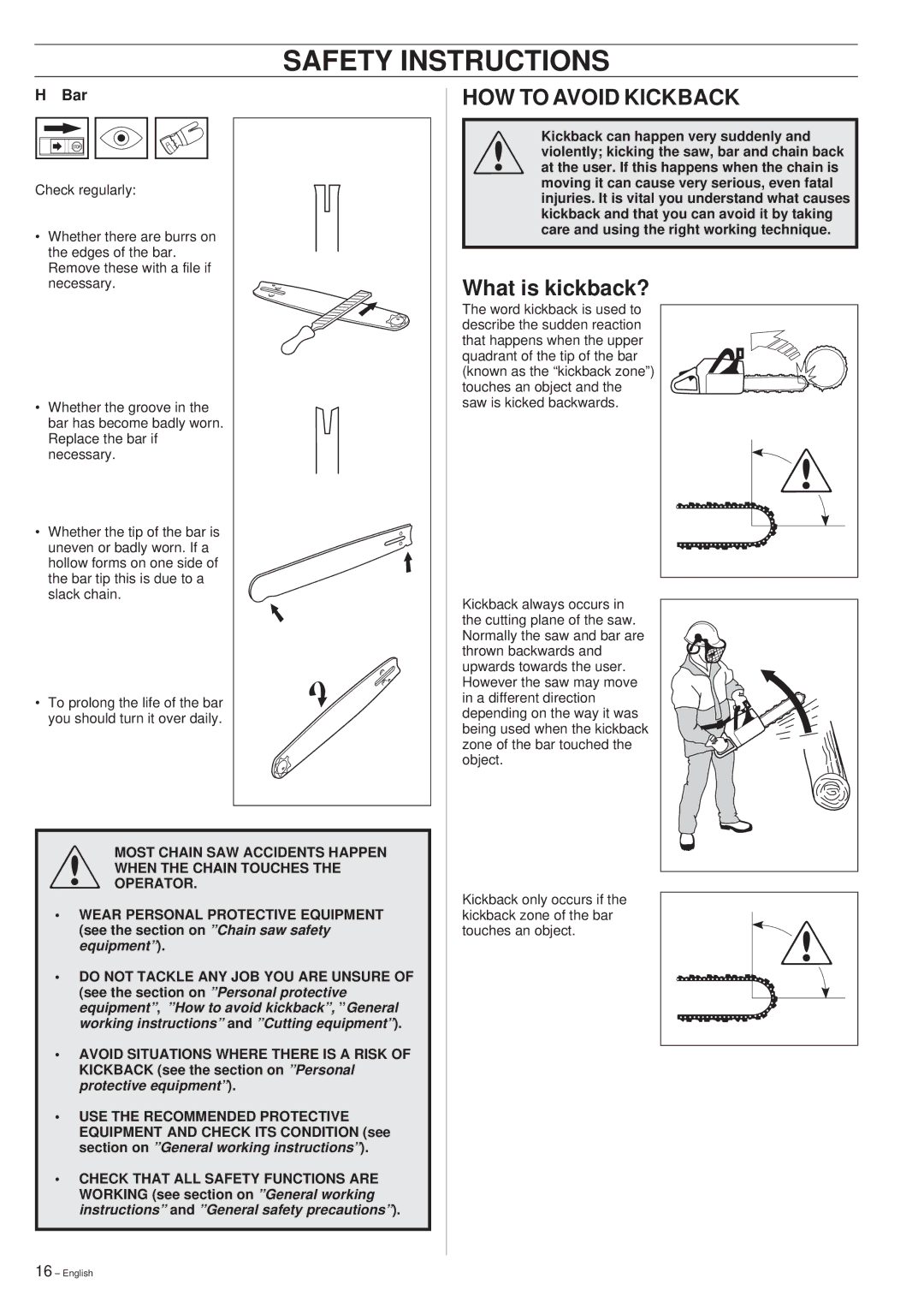 Jonsered 2045, 2050 manual HOW to Avoid Kickback, What is kickback? 