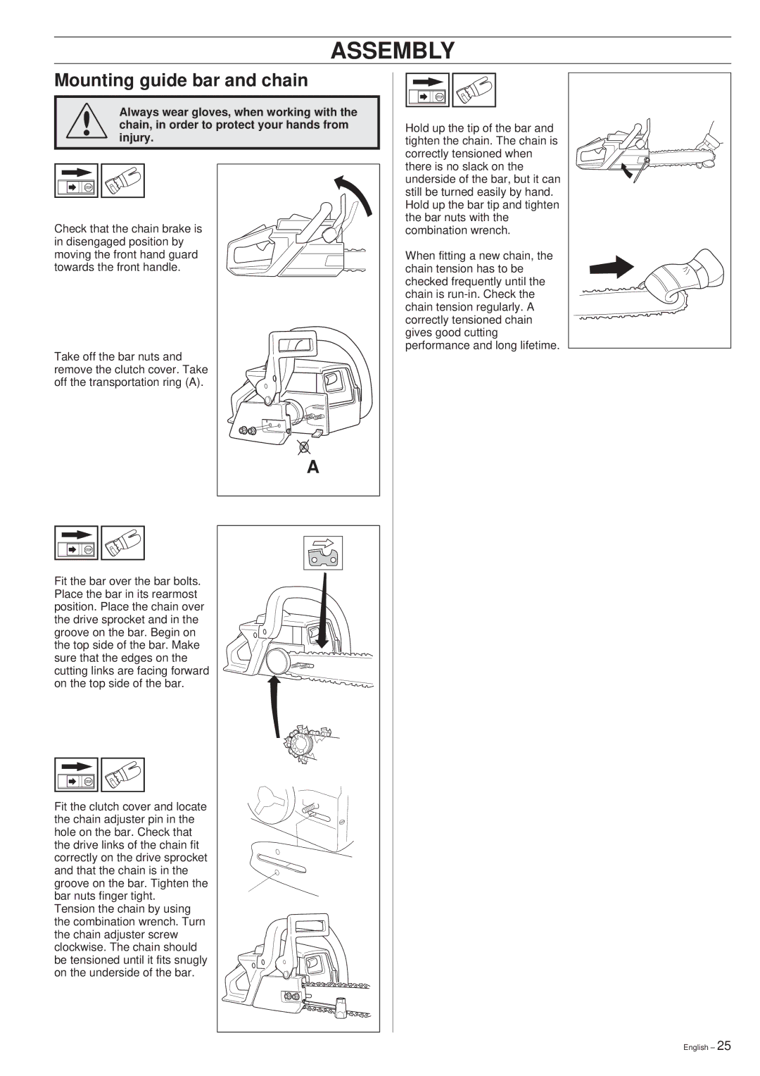 Jonsered 2050, 2045 manual Assembly, Mounting guide bar and chain 