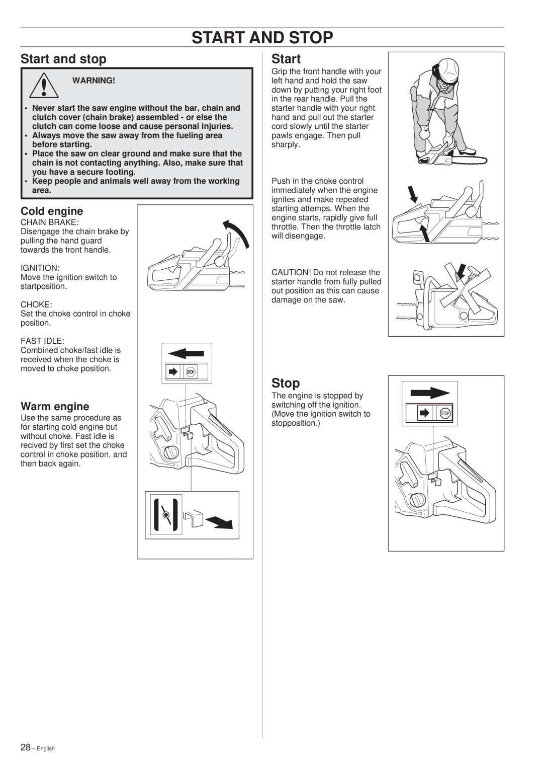 Jonsered 2045, 2050 manual Start and Stop, Start and stop 