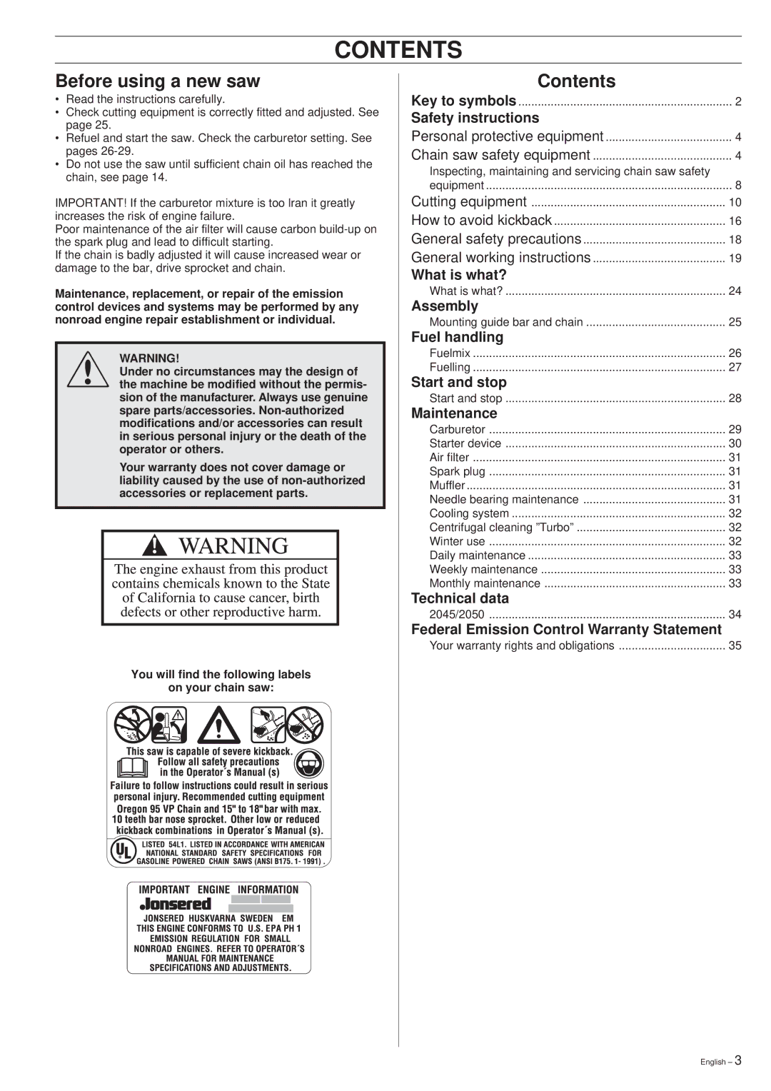 Jonsered 2050, 2045 manual Contents 