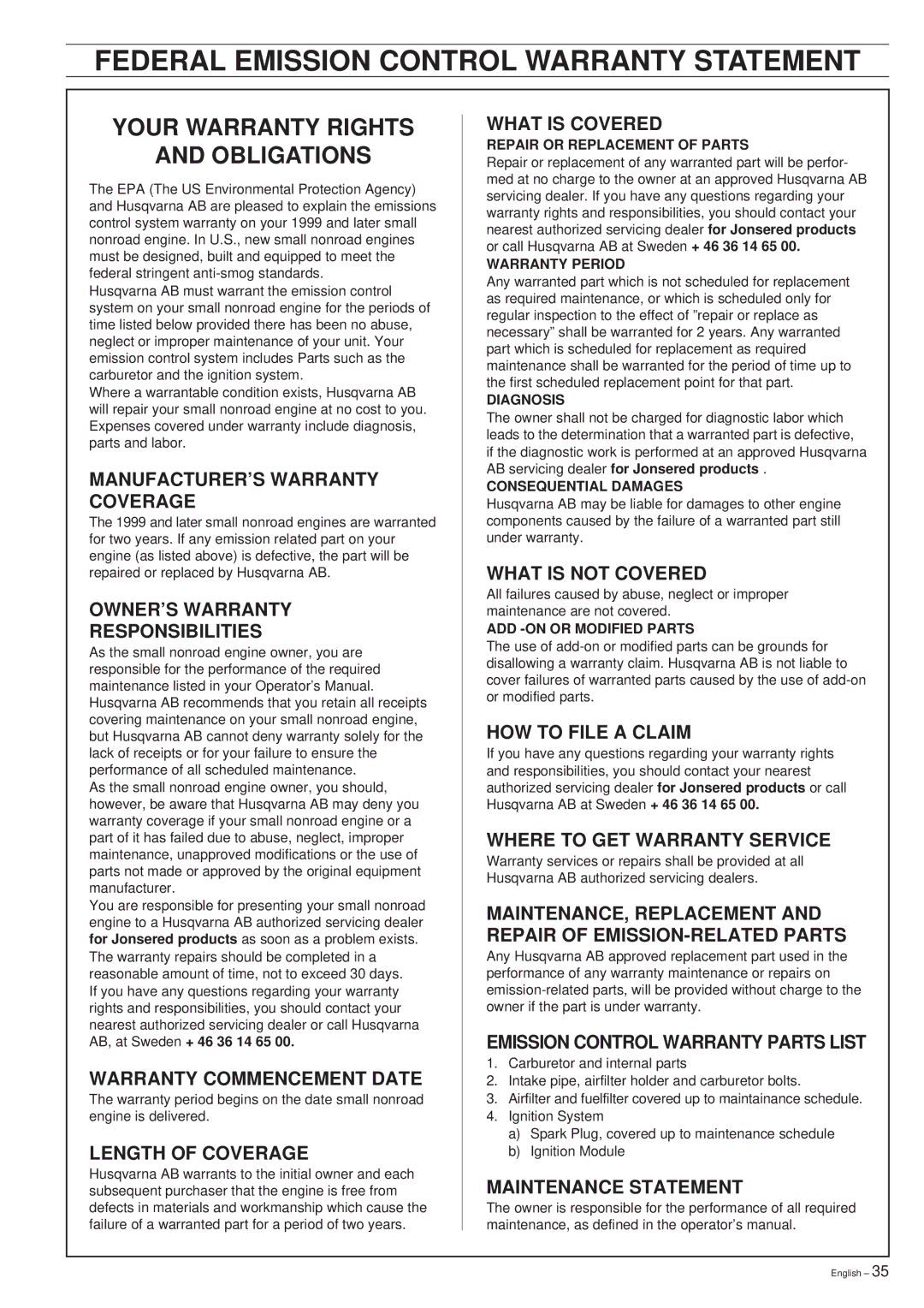 Jonsered 2050, 2045 manual Federal Emission Control Warranty Statement, Your Warranty Rights Obligations 