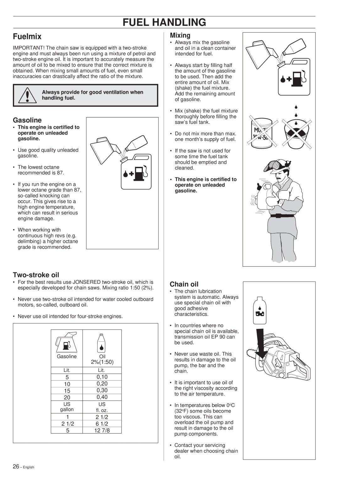 Jonsered 2054 manual Fuel Handling, Fuelmix 