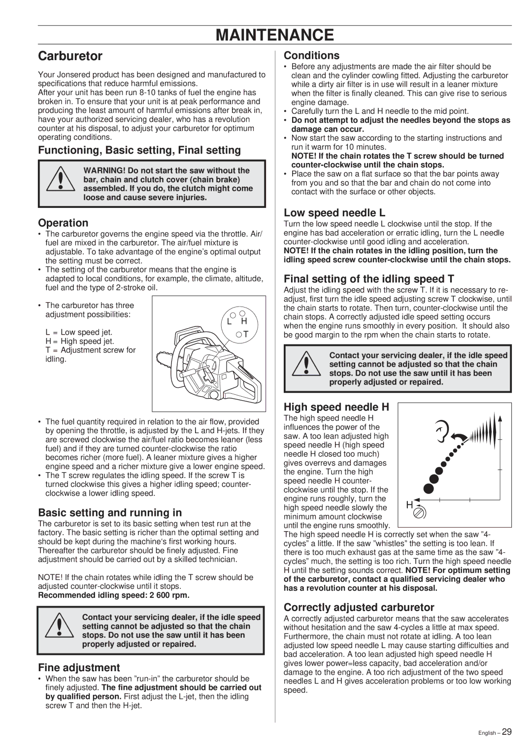 Jonsered 2054 manual Maintenance, Carburetor 