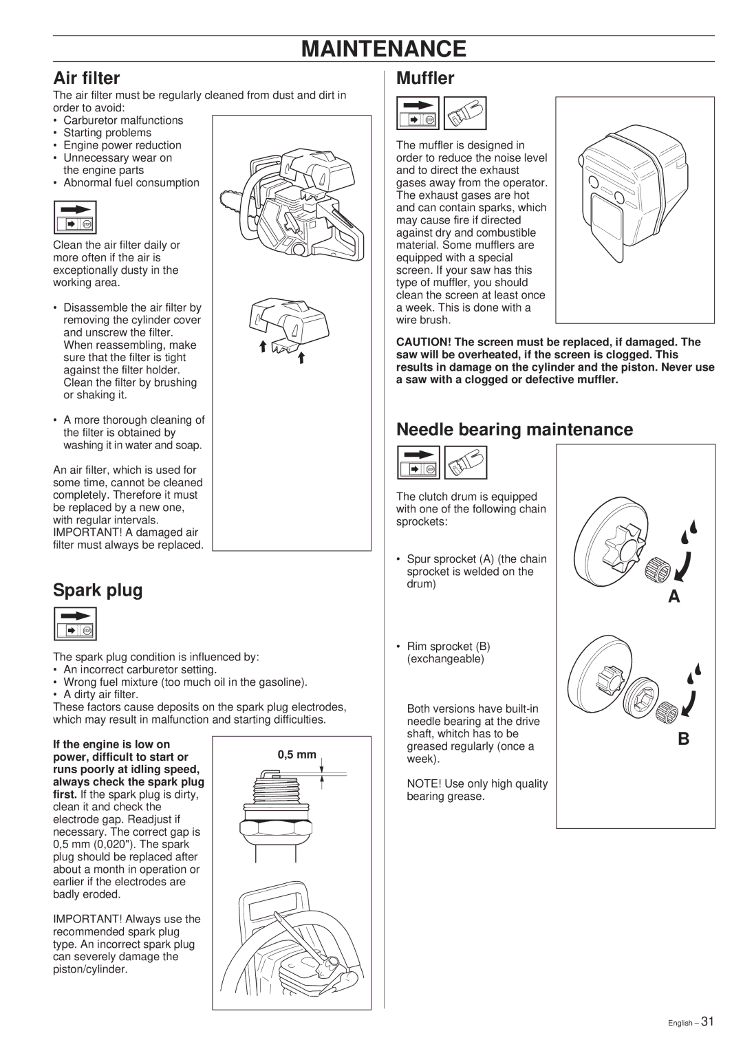 Jonsered 2054 manual Air filter, Muffler, Needle bearing maintenance, Spark plug 