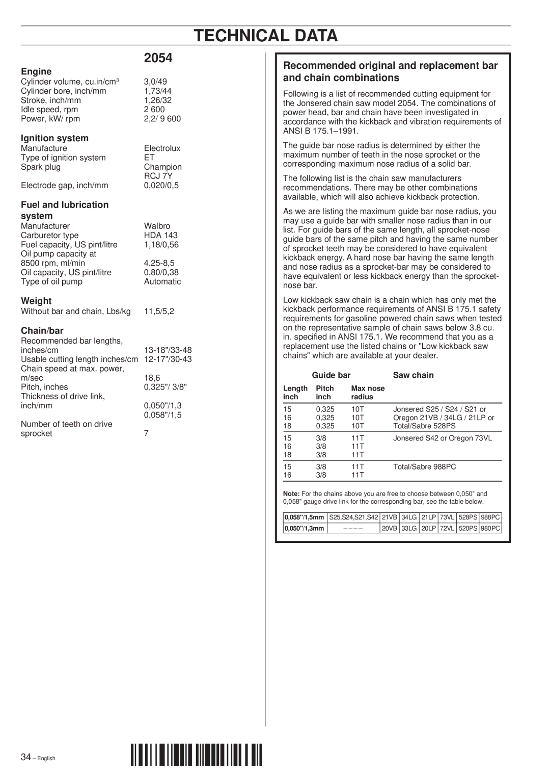 Jonsered 2054 manual Technical Data 