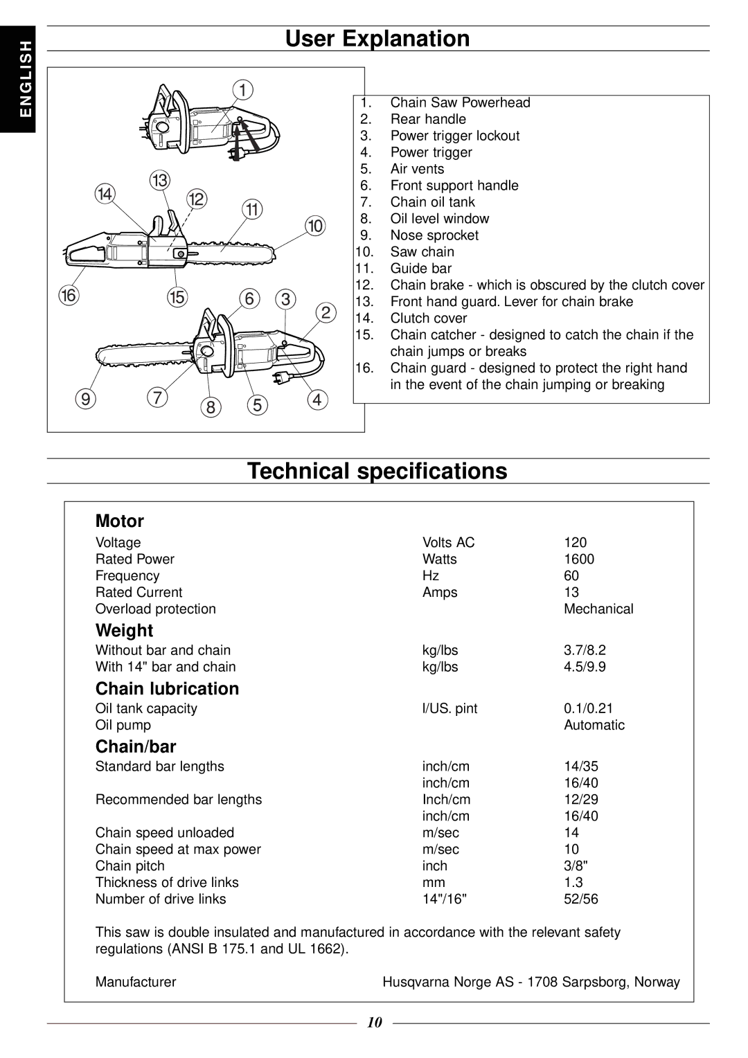 Jonsered 2116 EL manuel dutilisation User Explanation, Technical specifications 