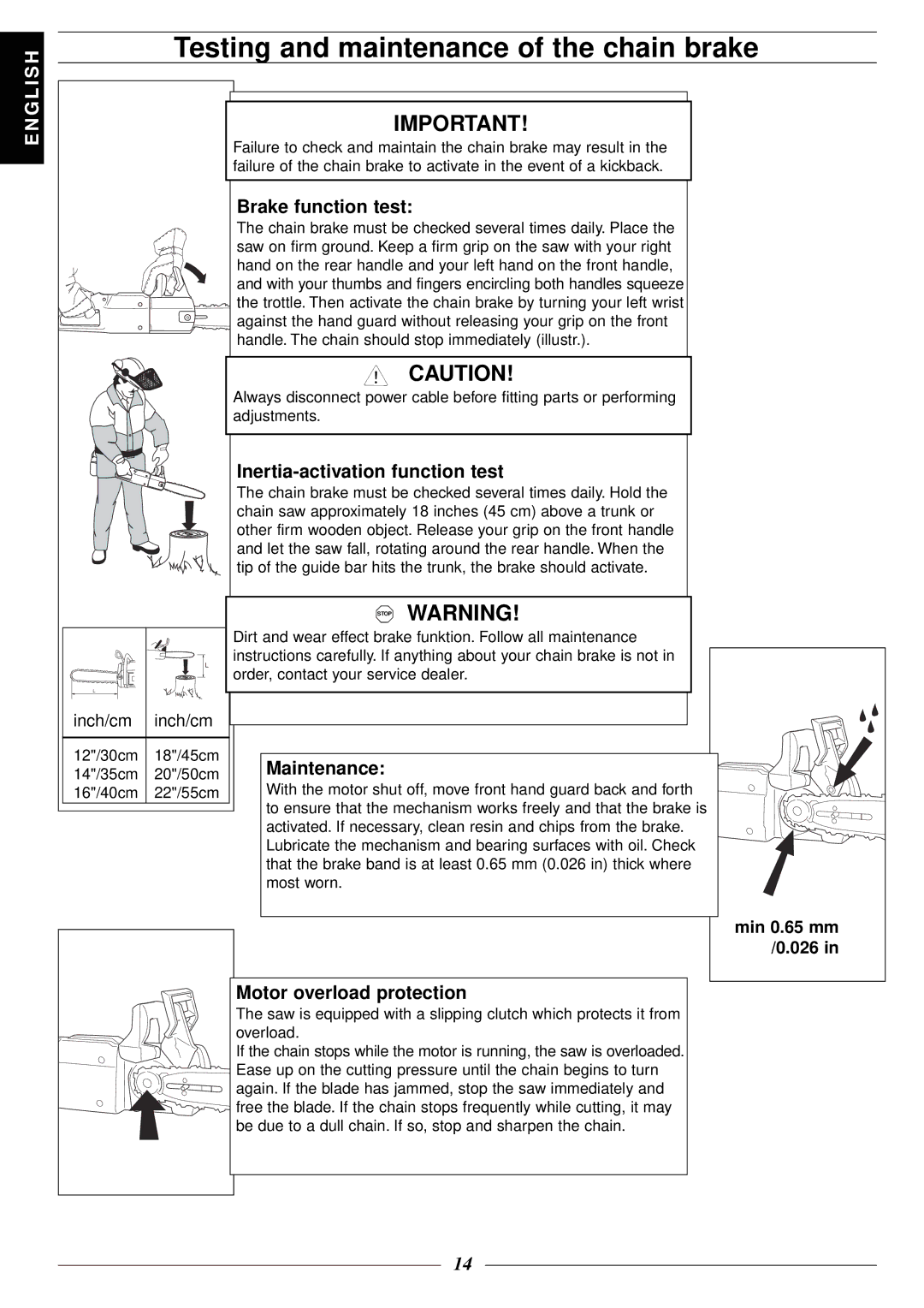 Jonsered 2116 EL Testing and maintenance of the chain brake, Brake function test, Inertia-activation function test 