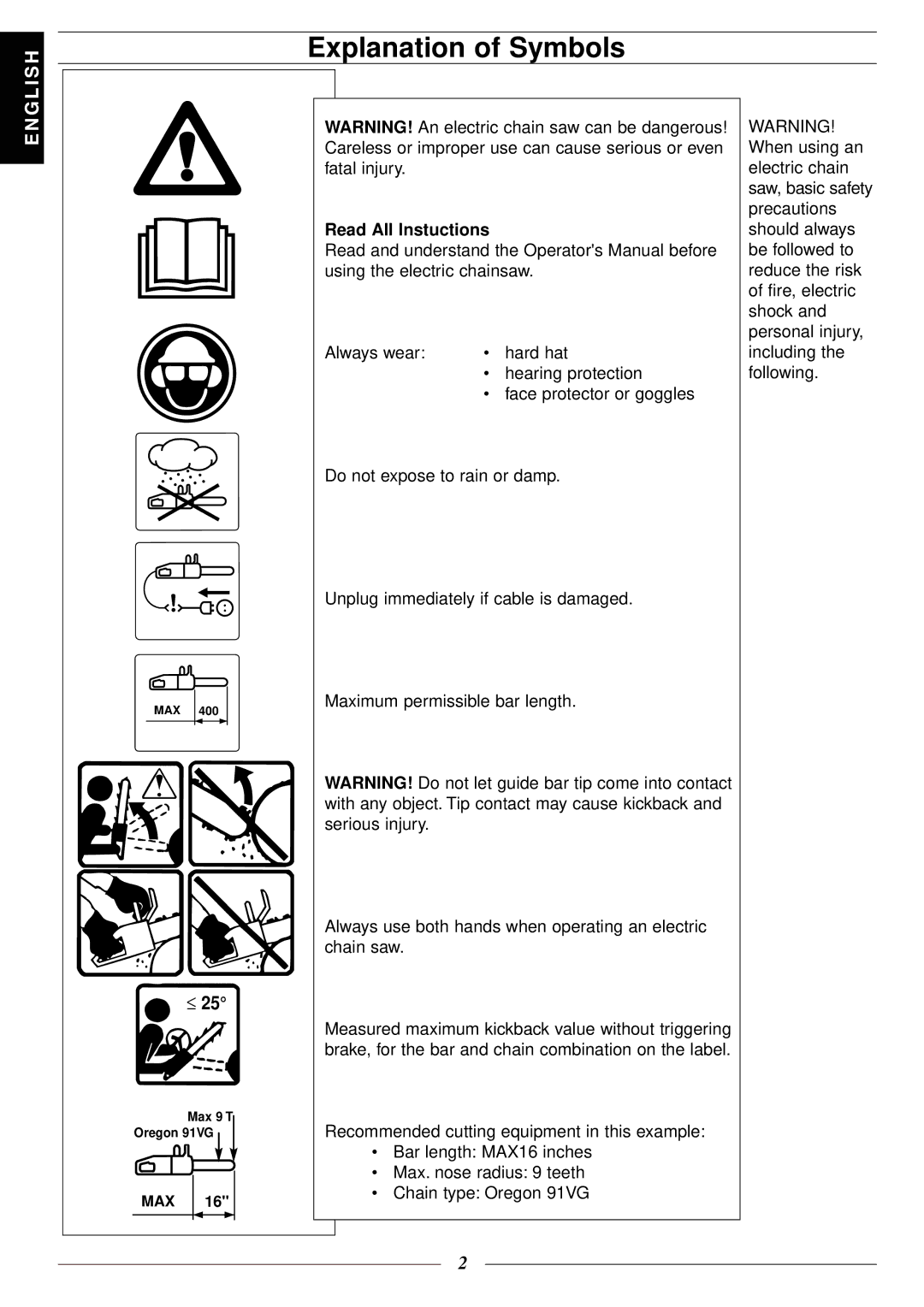 Jonsered 2116 EL manuel dutilisation Explanation of Symbols, Max 