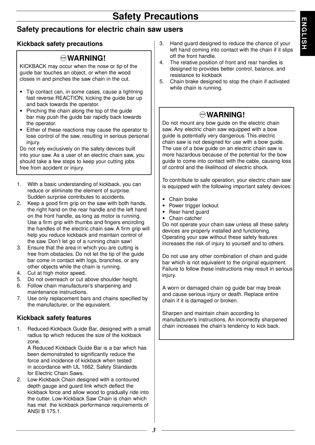 Jonsered 2116 EL Safety Precautions, Safety precautions for electric chain saw users, Kickback safety precautions 