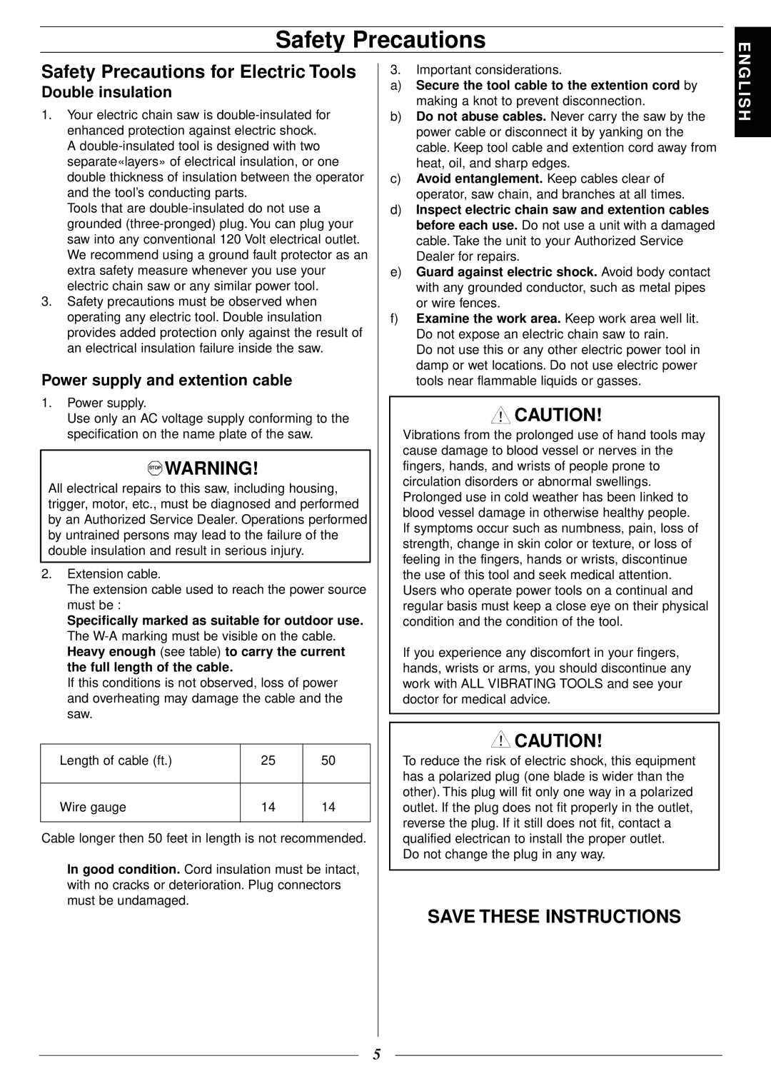 Jonsered 2116 EL Safety Precautions for Electric Tools, Double insulation, Power supply and extention cable 