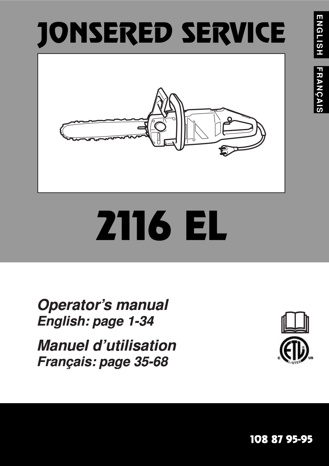 Jonsered 2116 EL manuel dutilisation Jonsered Service, Operator’s manual, Manuel d’utilisation, English page, 108 