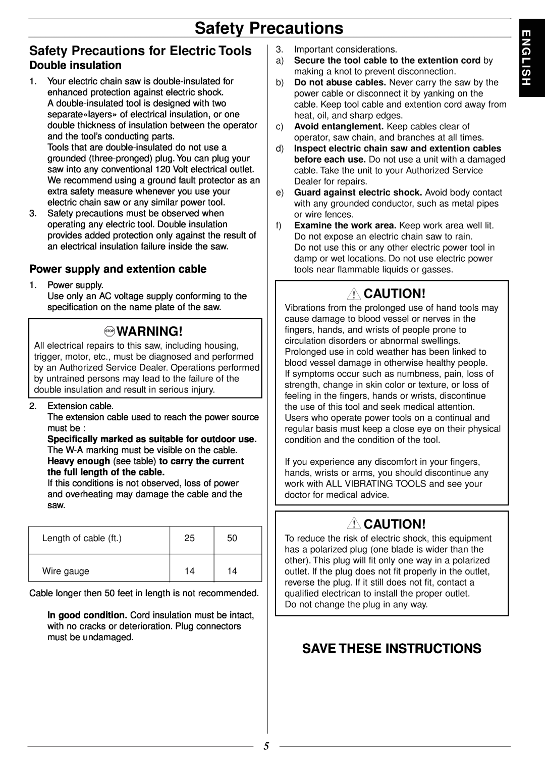 Jonsered 2116 EL Safety Precautions for Electric Tools, Save These Instructions, Double insulation, Glish, Stop Warning 