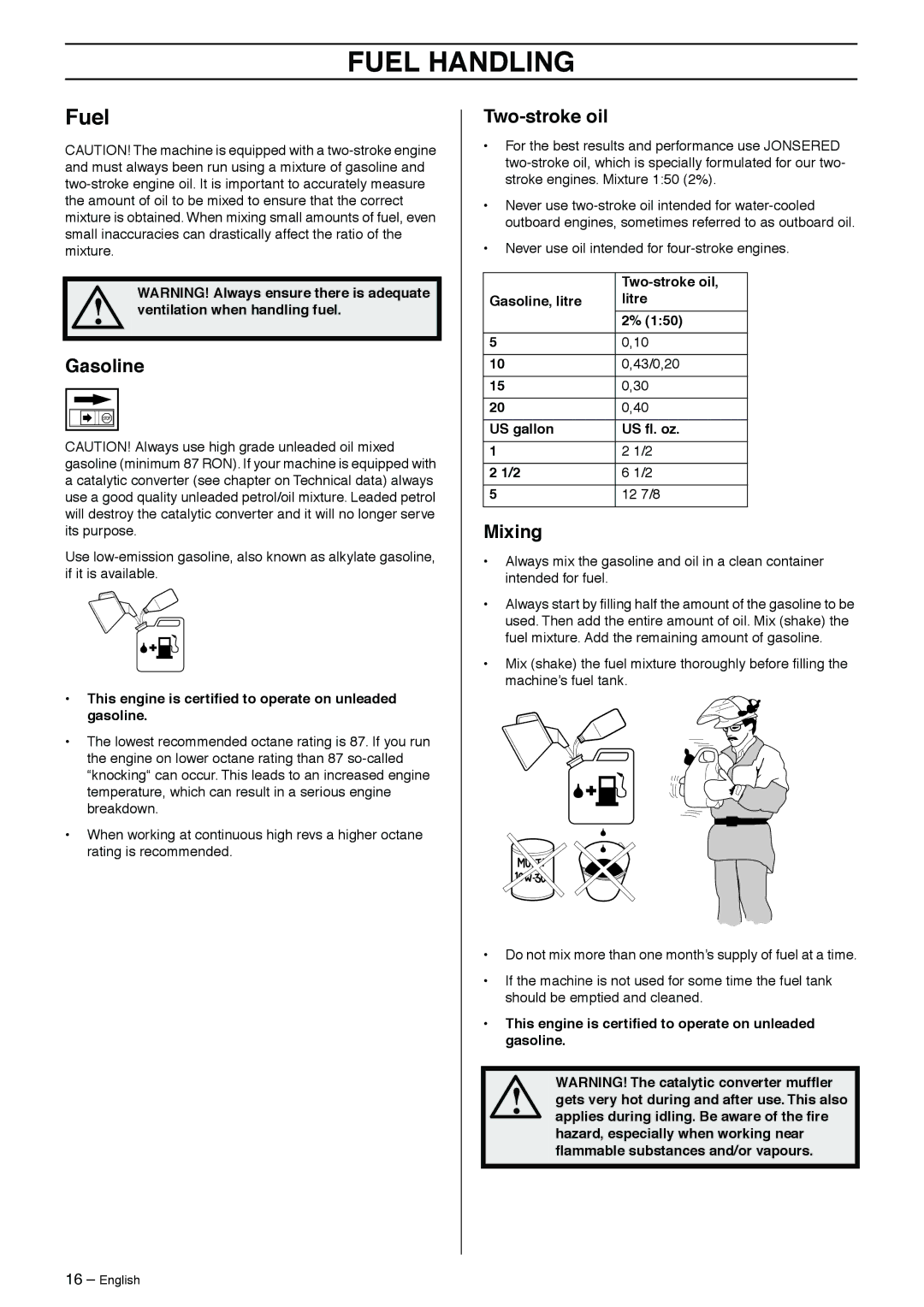 Jonsered 2125 manual Fuel Handling, Gasoline, Two-stroke oil, Mixing 