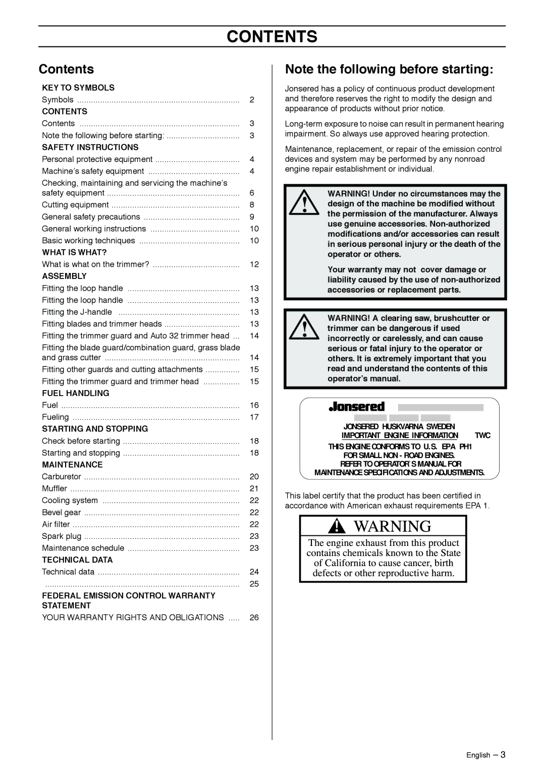 Jonsered 2125 manual Contents 