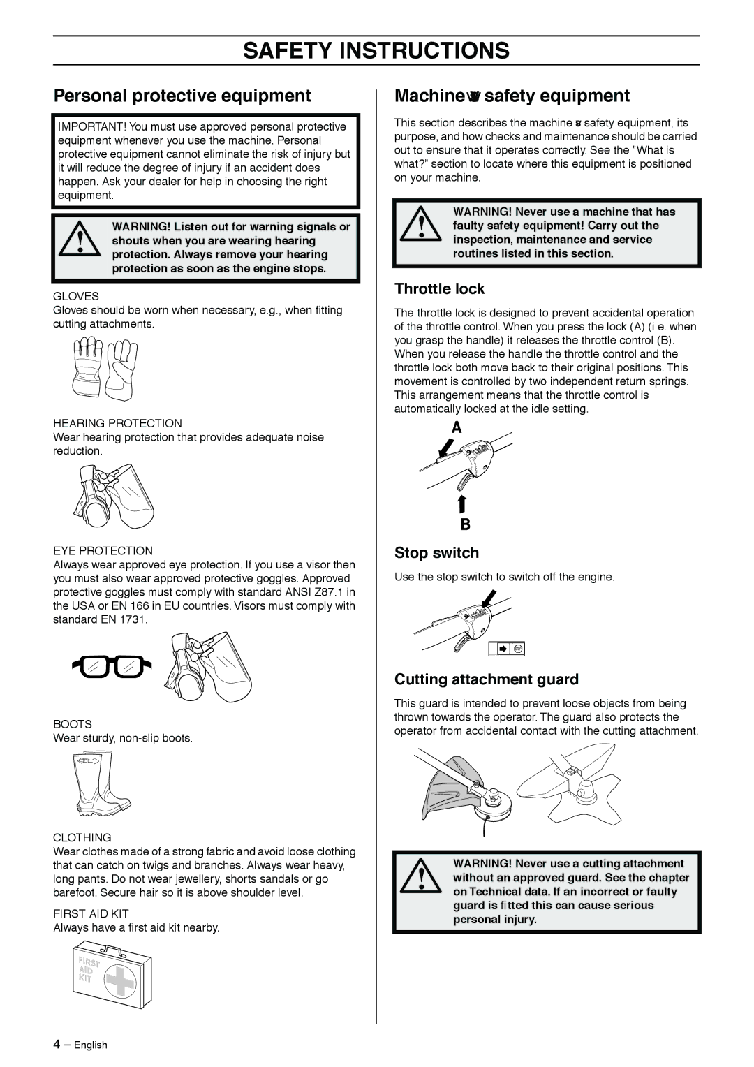 Jonsered 2125 manual Safety Instructions, Personal protective equipment, Machine′s safety equipment 