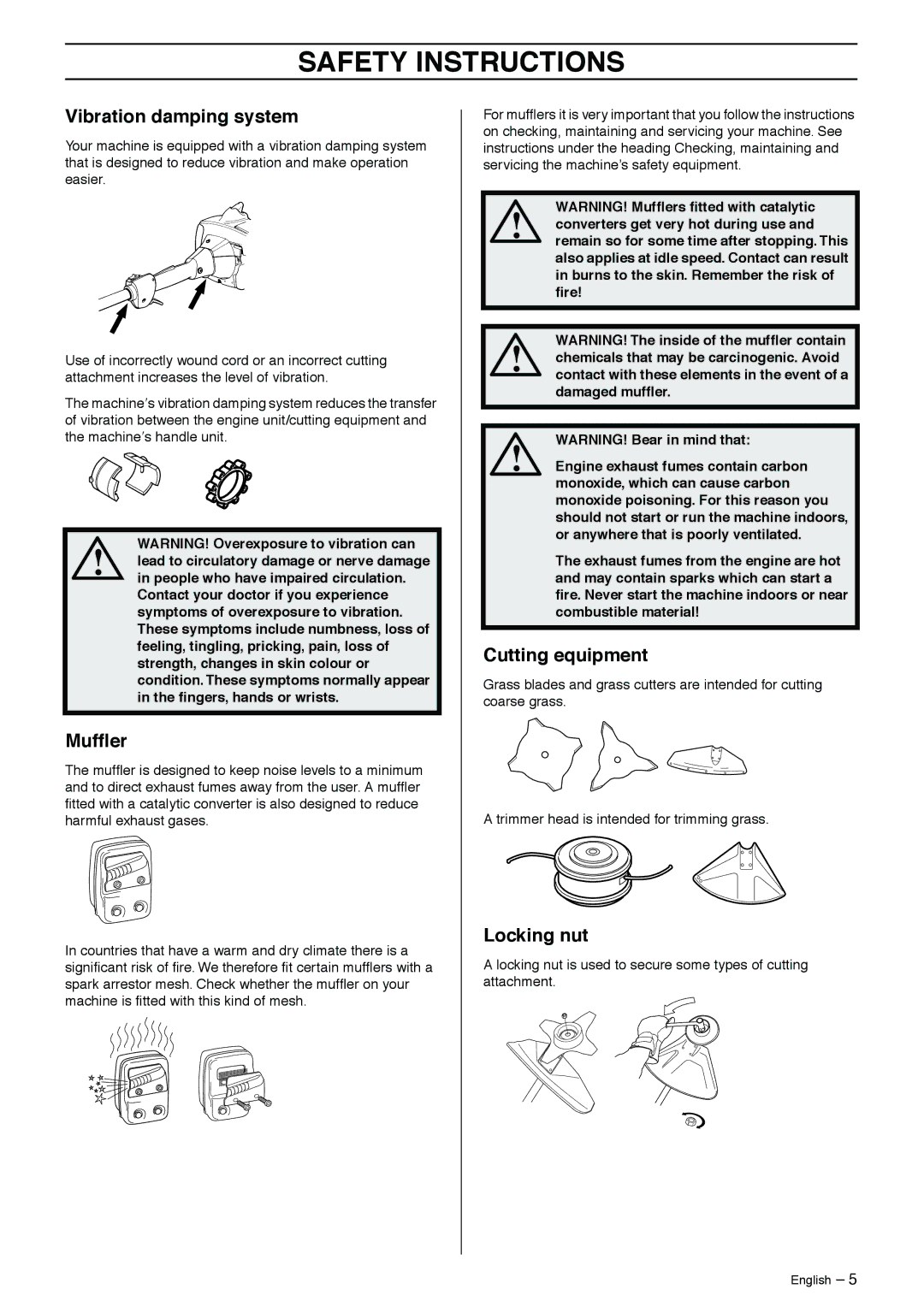 Jonsered 2125 manual Vibration damping system, Mufﬂer, Cutting equipment, Locking nut 