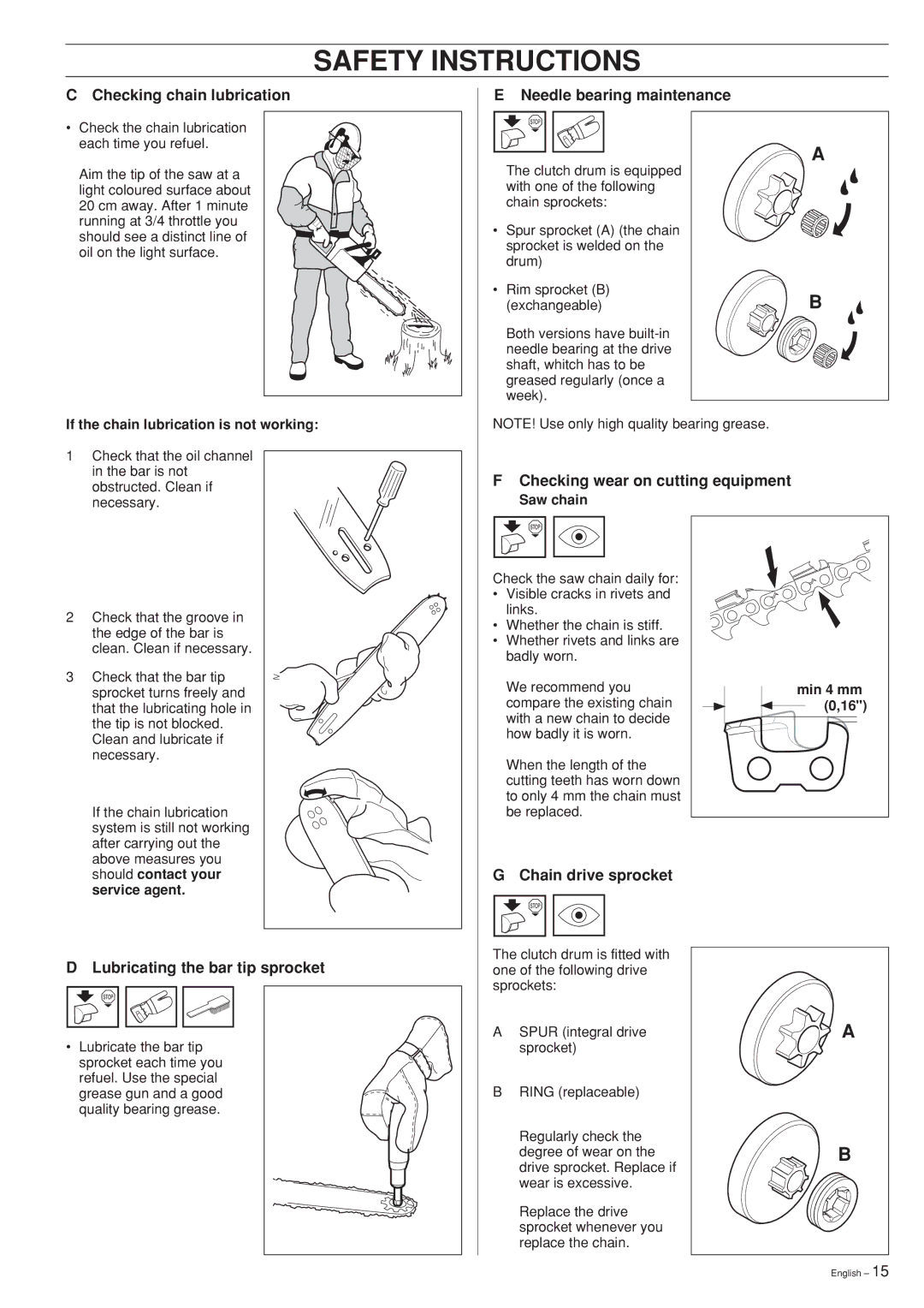 Jonsered 2141, 2145, 2150 manual Checking chain lubrication, Needle bearing maintenance, Checking wear on cutting equipment 