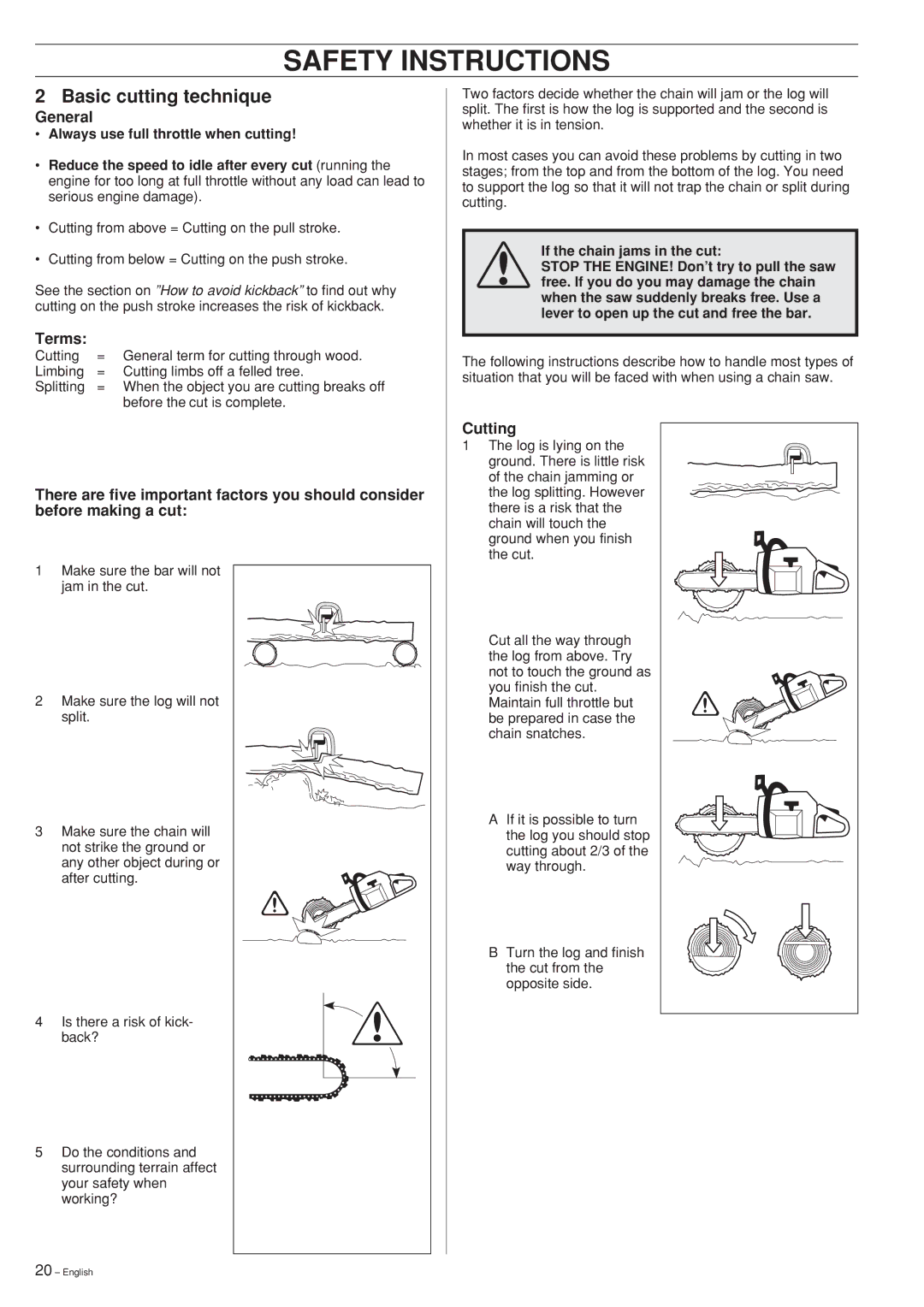 Jonsered 2150, 2141, 2145 manual Basic cutting technique, General, Terms, Cutting 