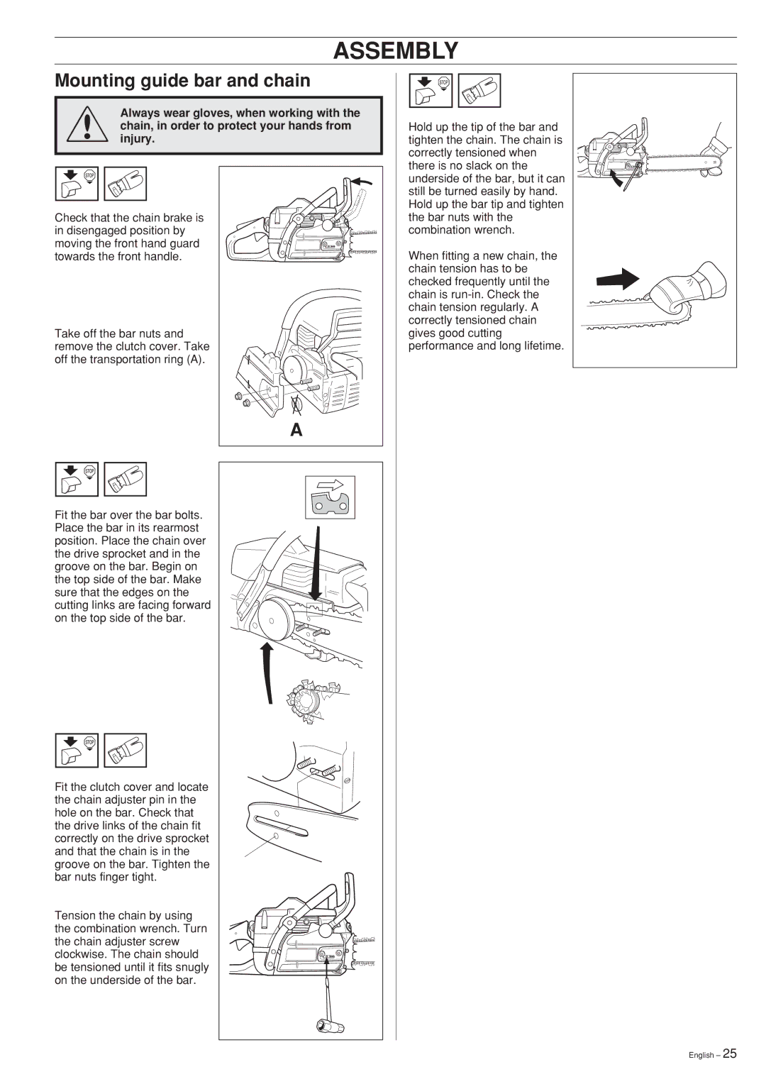 Jonsered 2145, 2141, 2150 manual Assembly, Mounting guide bar and chain 