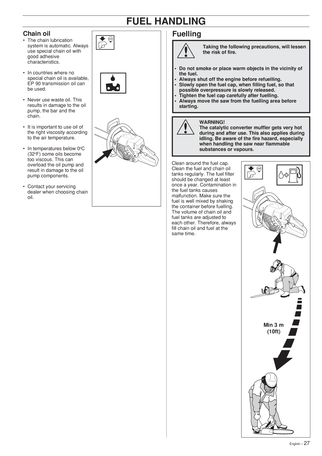 Jonsered 2141, 2145, 2150 manual Fuelling, Chain oil, Min 3 m, 10ft 
