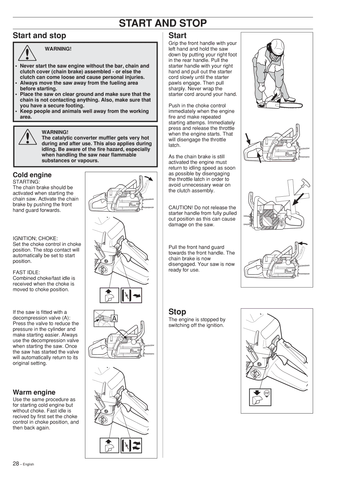 Jonsered 2145, 2141, 2150 manual Start and Stop, Start and stop 