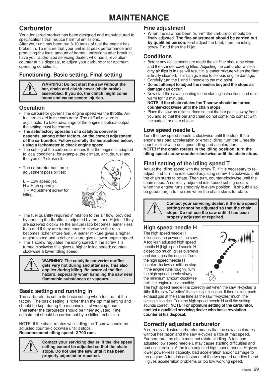 Jonsered 2150, 2141, 2145 manual Maintenance, Carburetor 