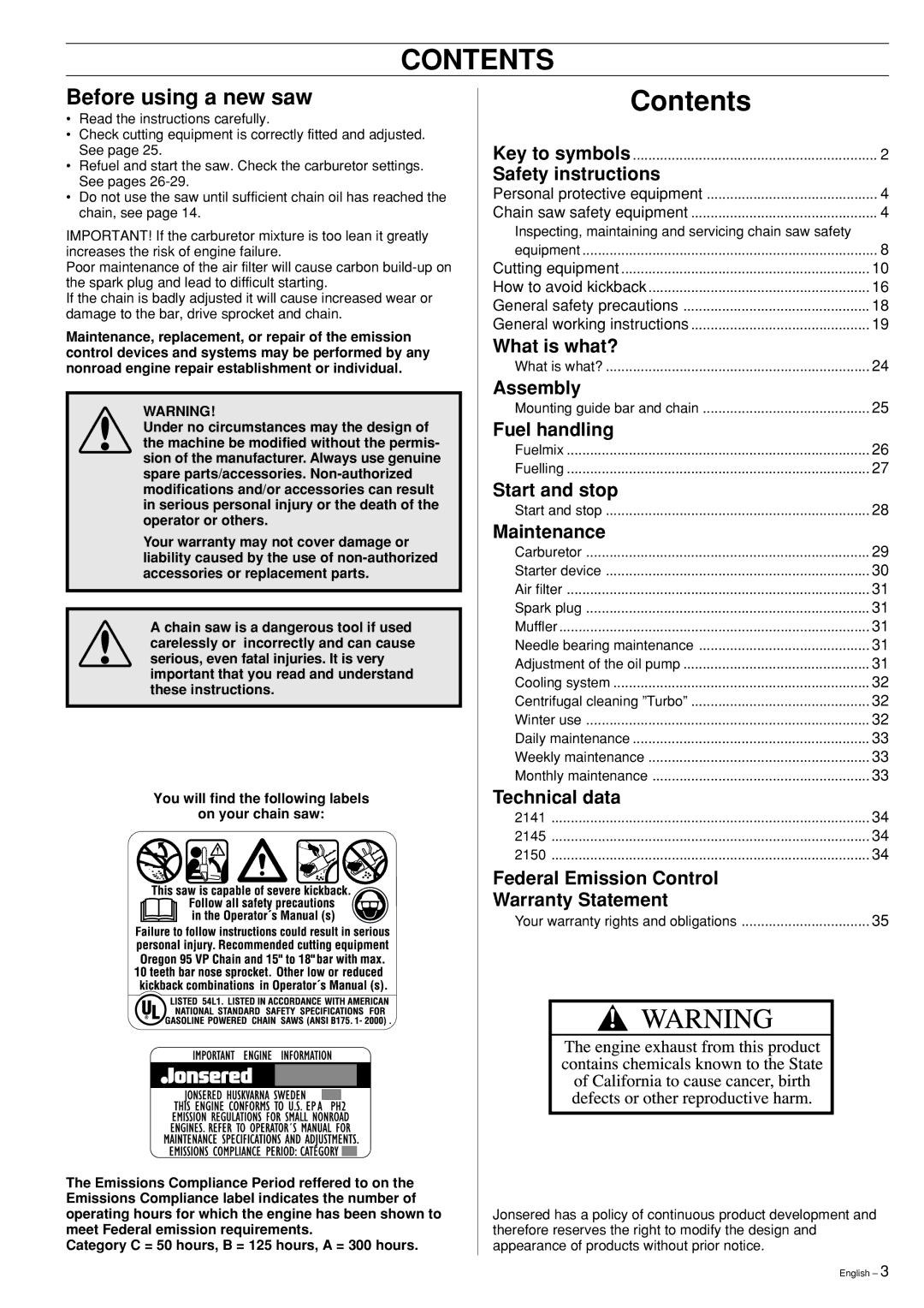 Jonsered 2141, 2145, 2150 manual Contents 