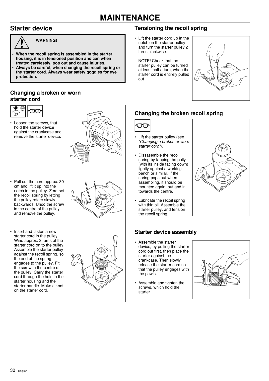 Jonsered 2141, 2145, 2150 manual Starter device, Changing a broken or worn starter cord, Tensioning the recoil spring 