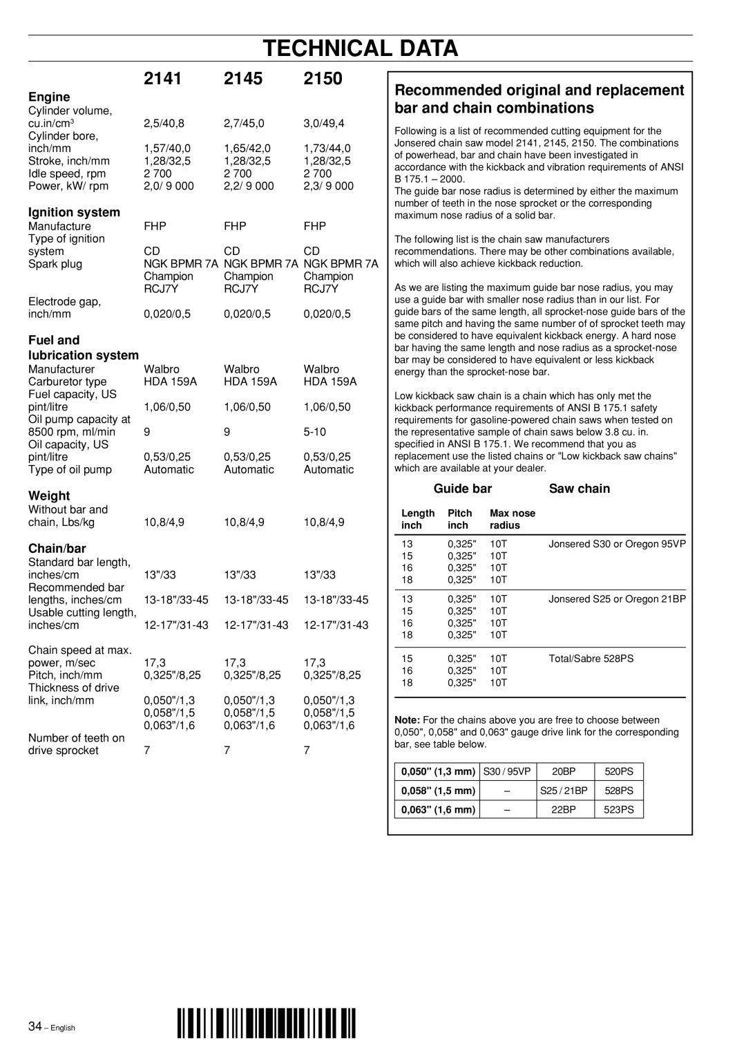 Jonsered manual Technical Data, 2141 2145 2150 