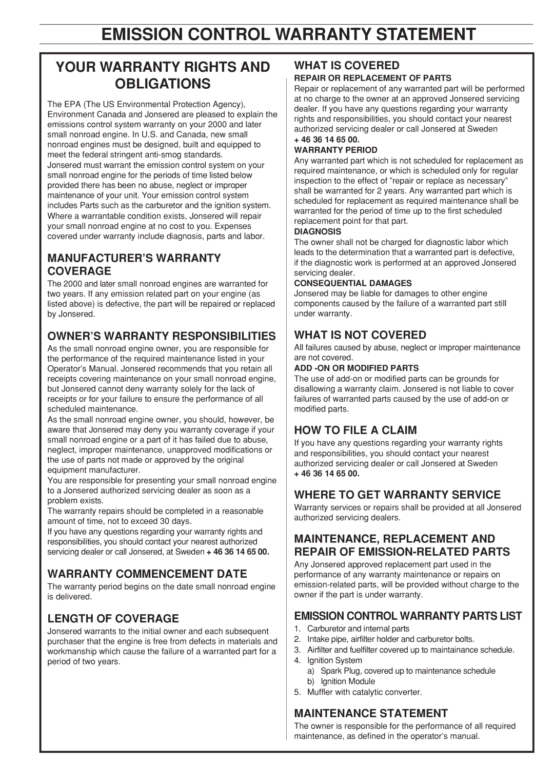 Jonsered 2150, 2141, 2145 manual Emission Control Warranty Statement, + 46 36 14 65 00. Warranty Period 