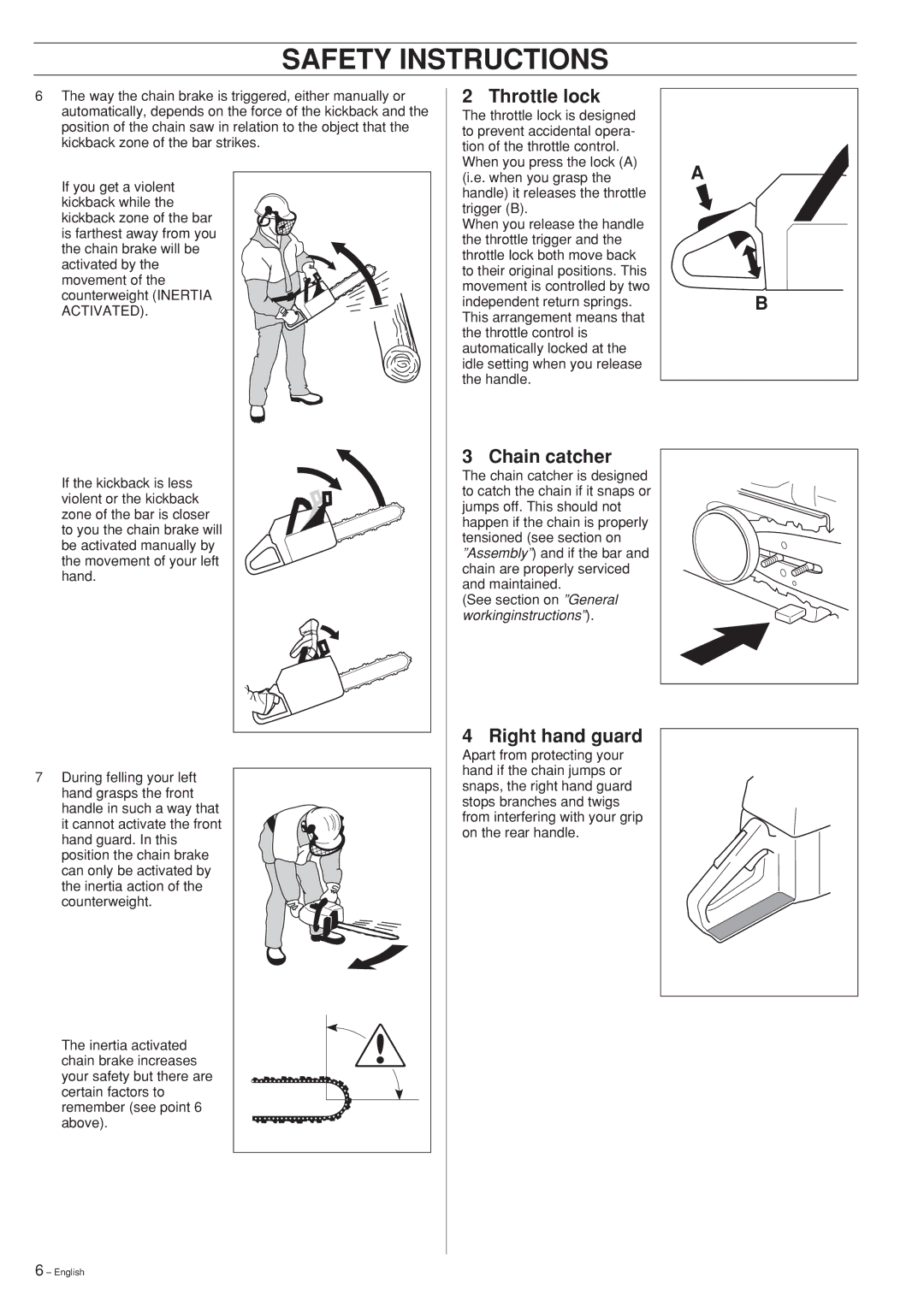 Jonsered 2141, 2145, 2150 manual Throttle lock, Chain catcher, Right hand guard 