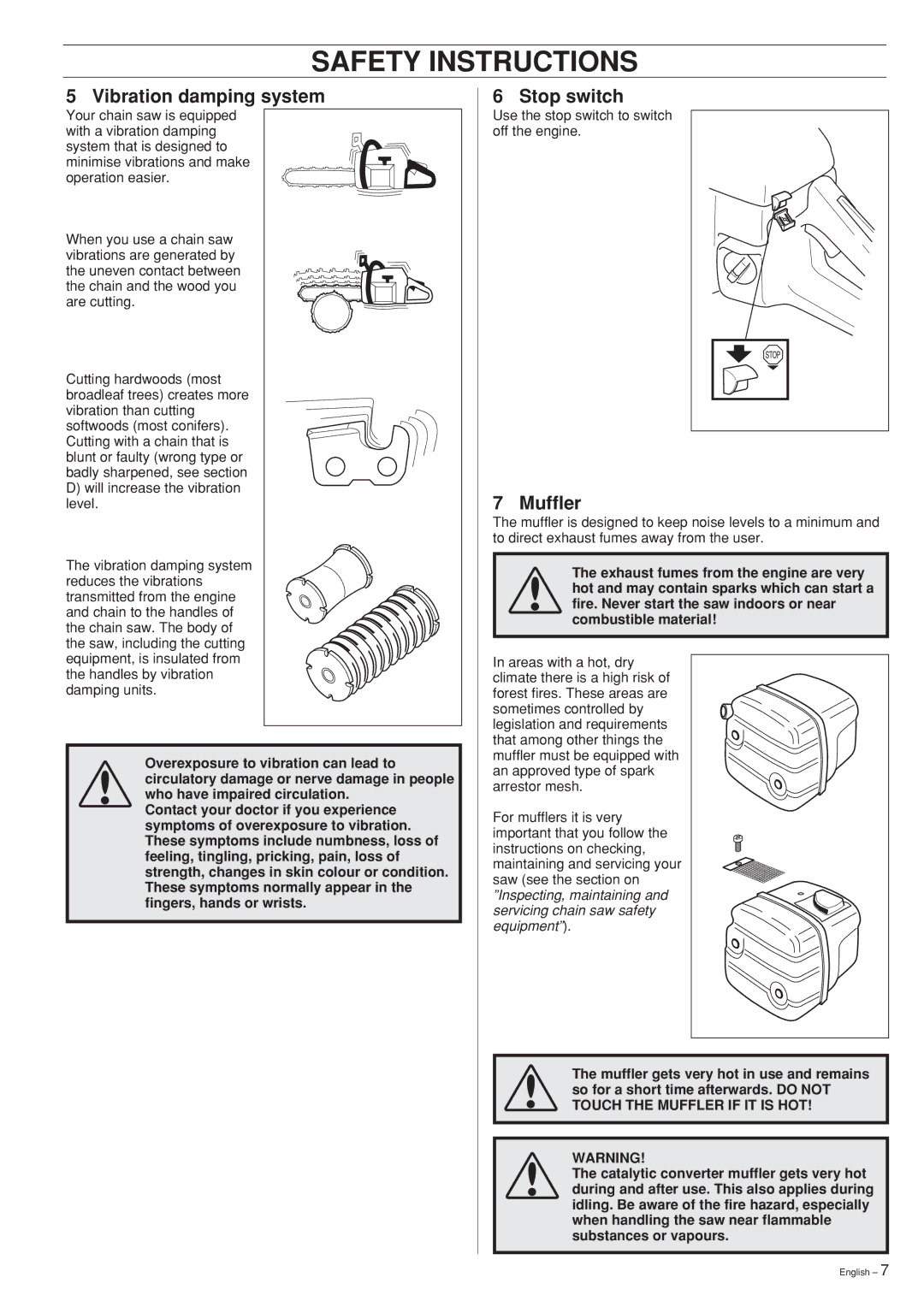 Jonsered 2145, 2141, 2150 manual Vibration damping system, Stop switch, Muffler 