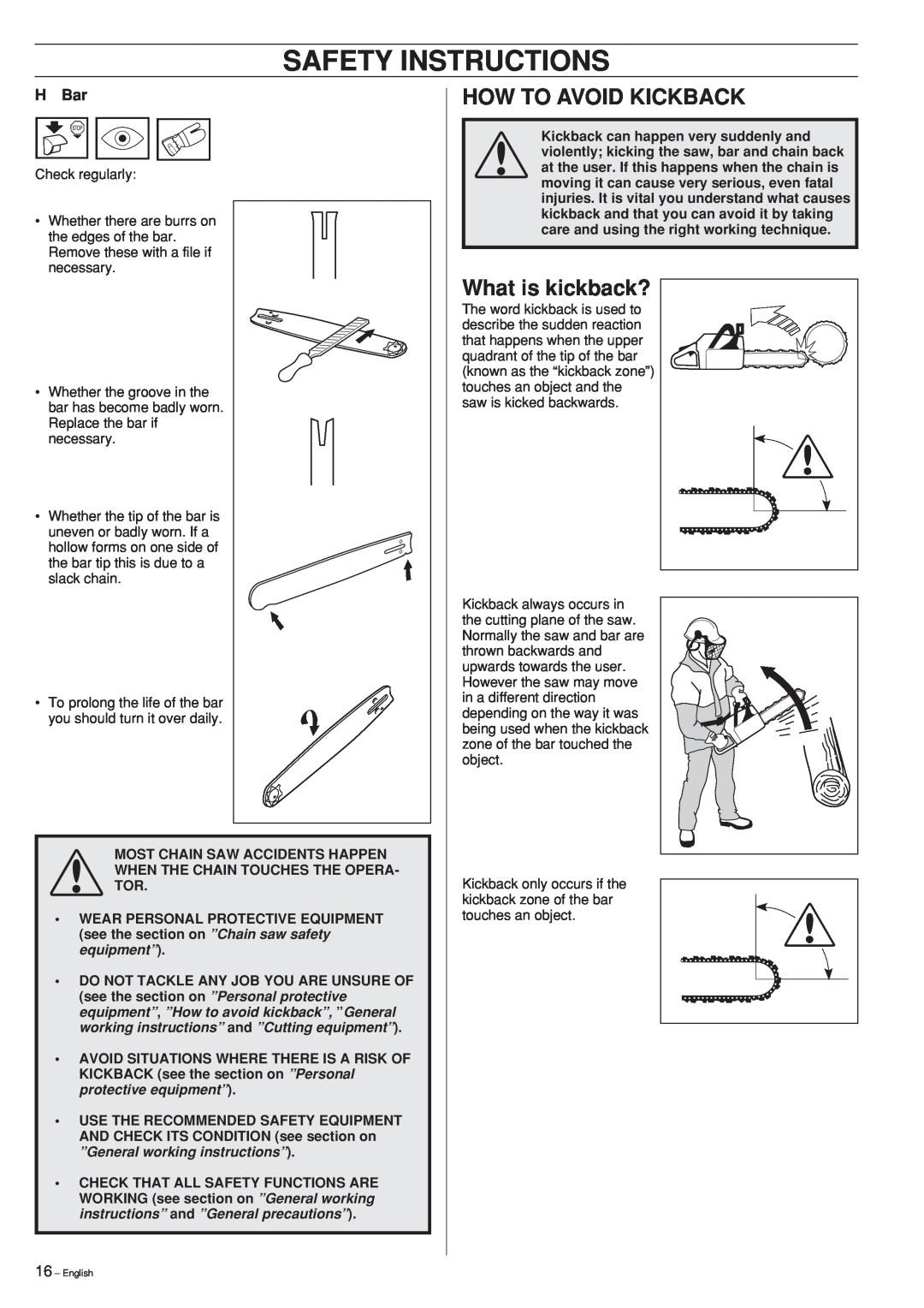 Jonsered 2145, 2141, 2150 manual How To Avoid Kickback, What is kickback?, H Bar, Safety Instructions 