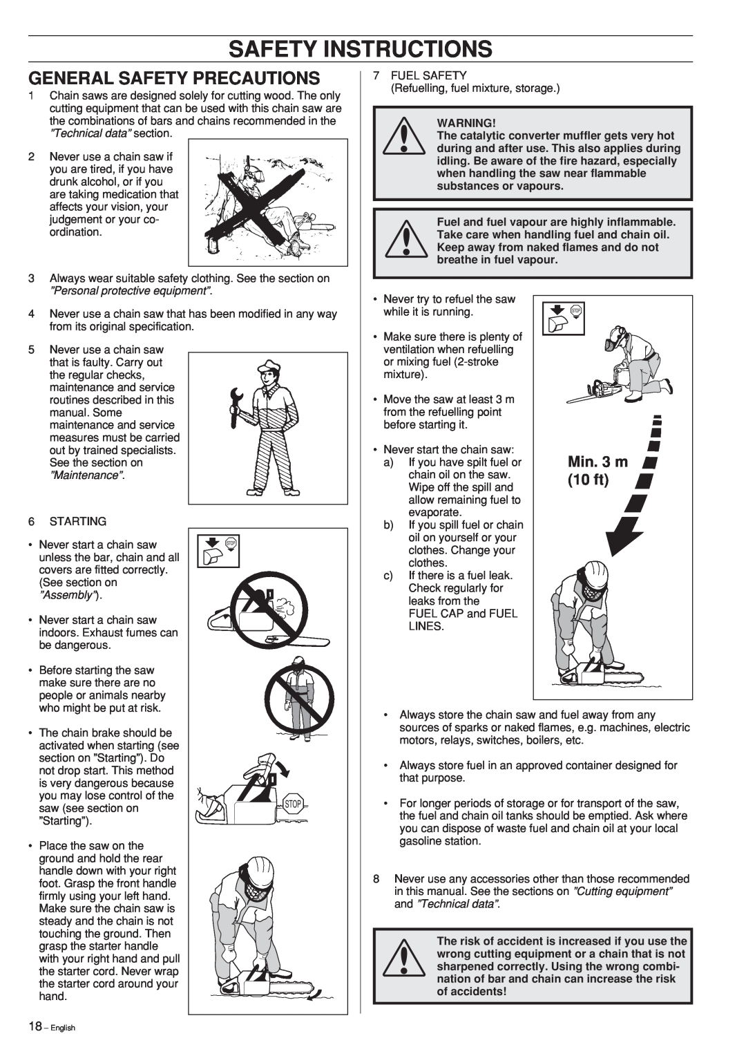 Jonsered 2141, 2145, 2150 manual General Safety Precautions, Min. 3 m, 10 ft, Safety Instructions 
