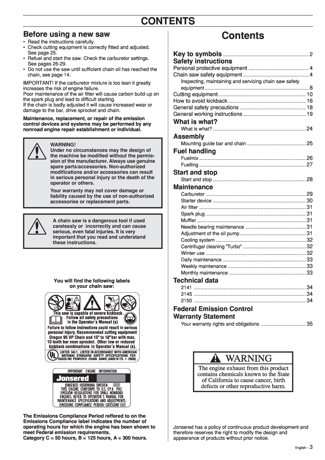 Jonsered 2141 Contents, Before using a new saw, Safety instructions, What is what?, Assembly, Fuel handling, Maintenance 