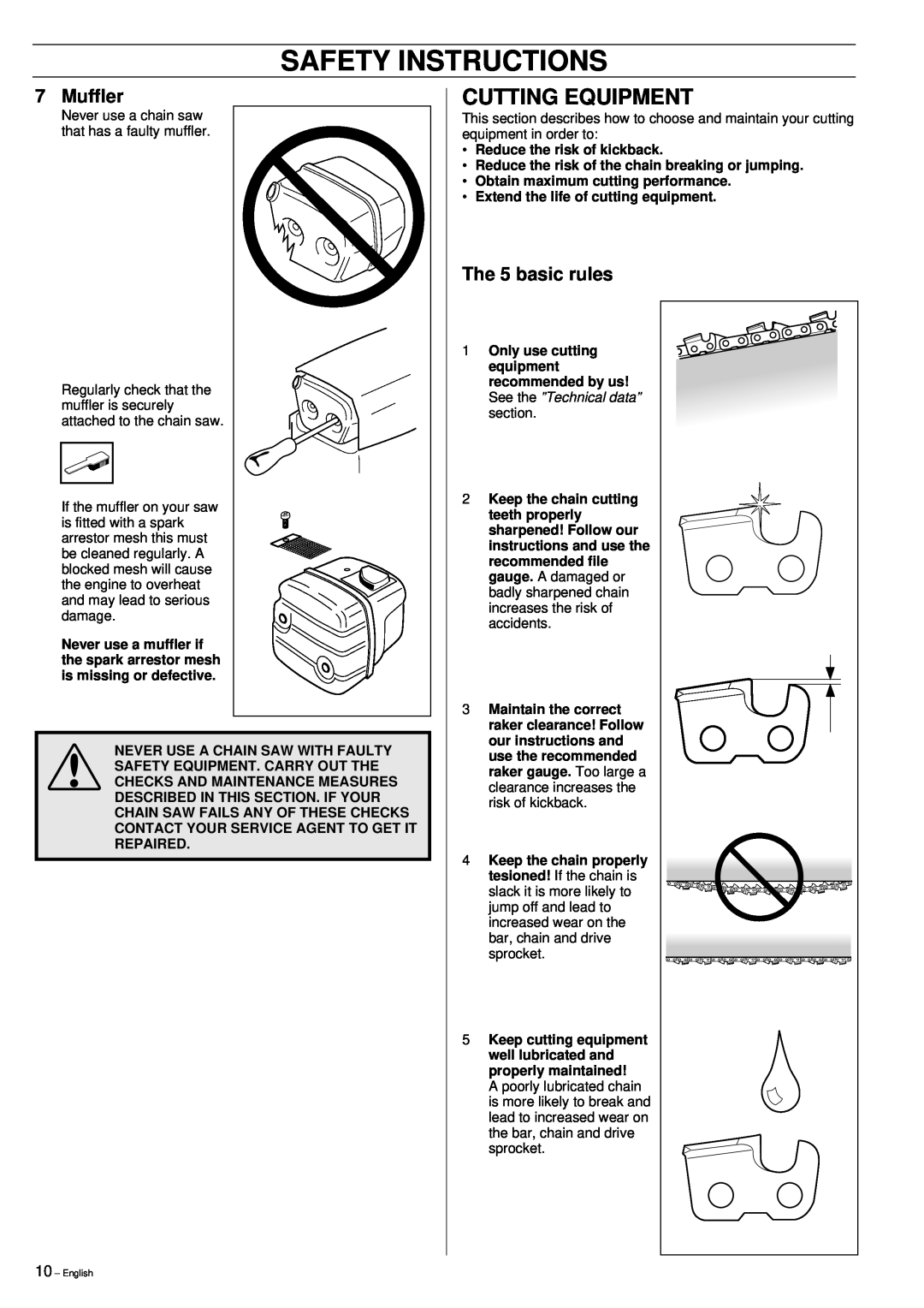 Jonsered 2149 manual Cutting Equipment, The 5 basic rules, Safety Instructions, Muffler 