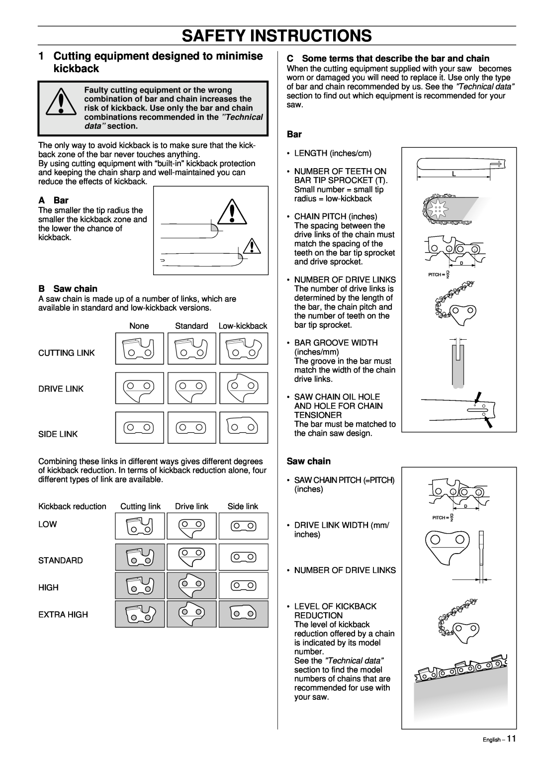 Jonsered 2149 manual 1Cutting equipment designed to minimise kickback, A Bar, B Saw chain, Safety Instructions 