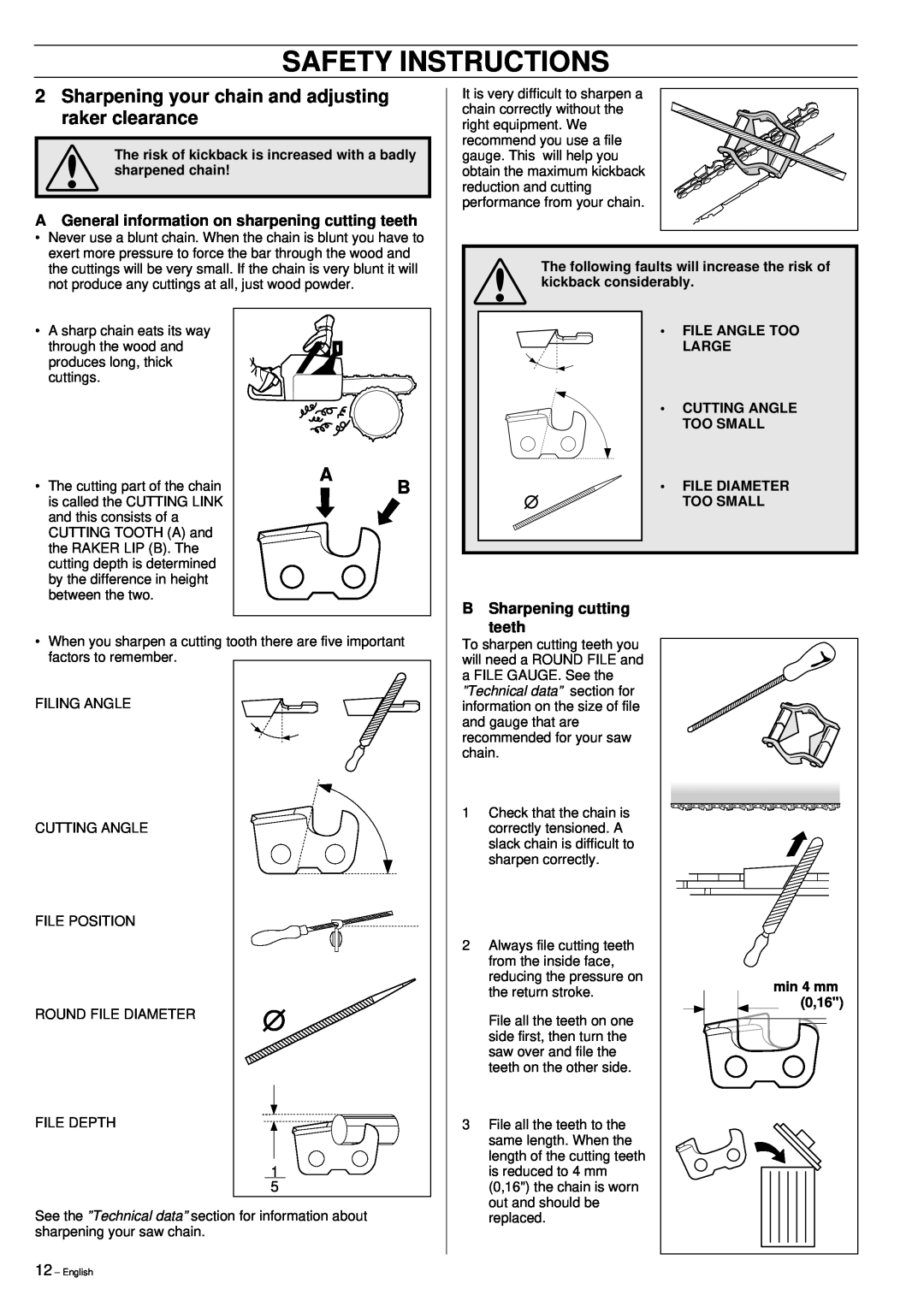 Jonsered 2149 manual AGeneral information on sharpening cutting teeth, B Sharpening cutting teeth, Safety Instructions 