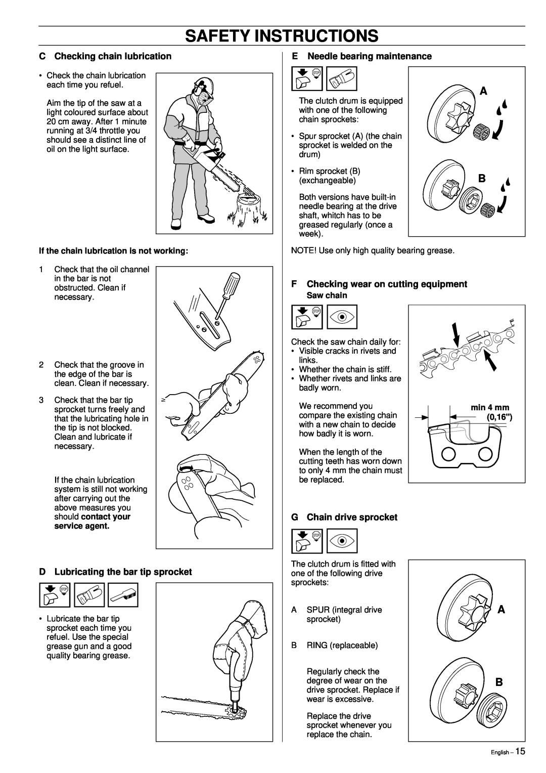 Jonsered 2149 manual C Checking chain lubrication, E Needle bearing maintenance, FChecking wear on cutting equipment 