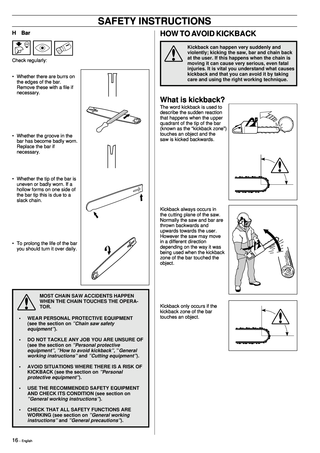 Jonsered 2149 manual How To Avoid Kickback, What is kickback?, H Bar, Safety Instructions 