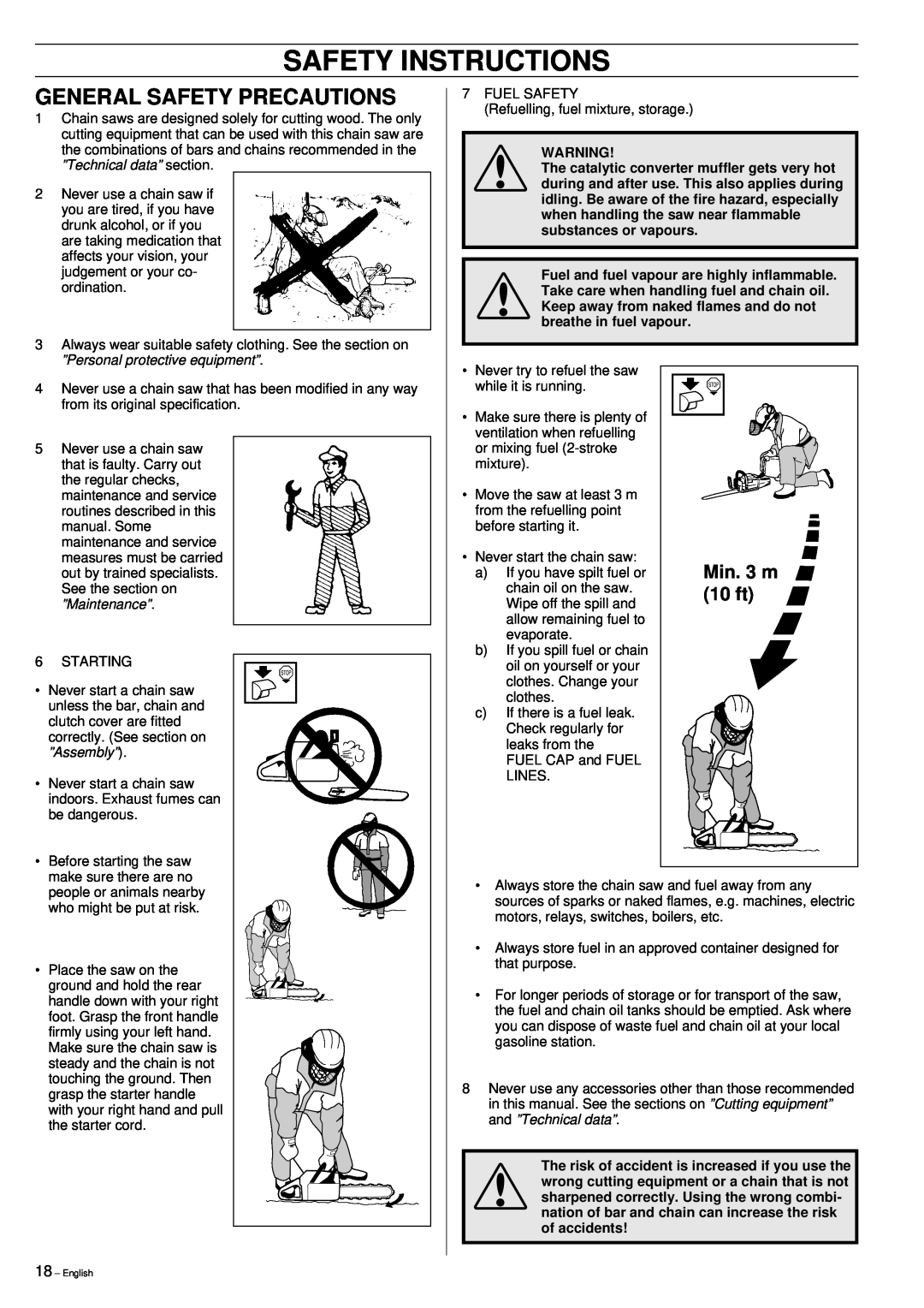 Jonsered 2149 manual General Safety Precautions, Min. 3 m, 10 ft, ”Technical data” section, ”Personal protective equipment” 