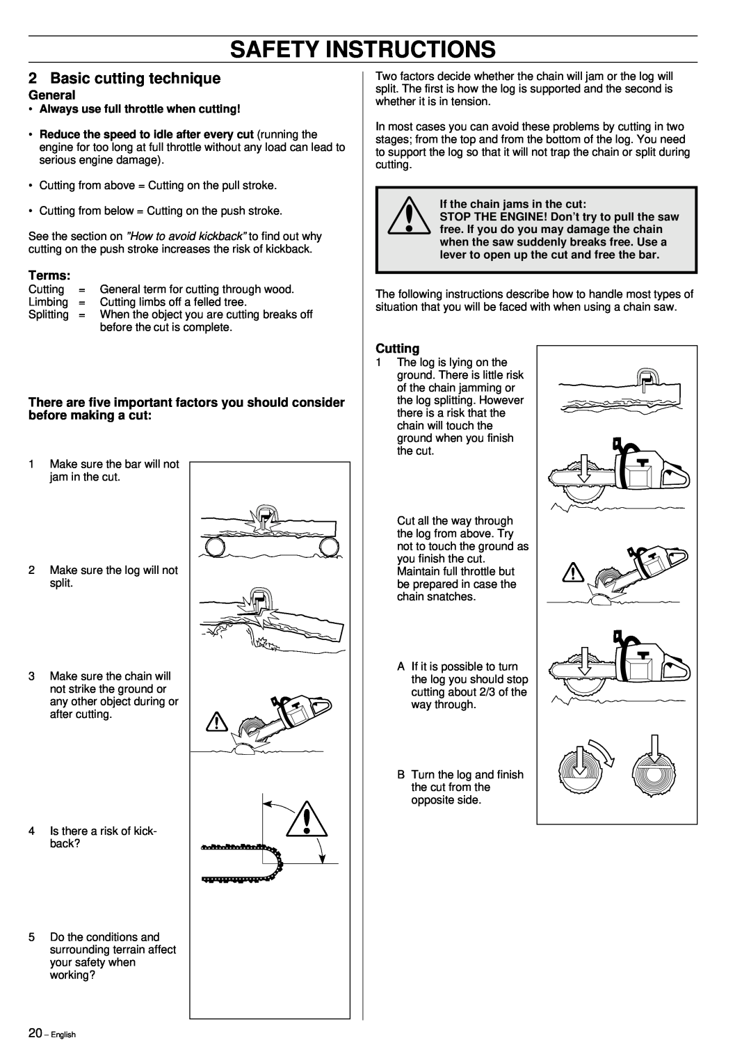 Jonsered 2149 manual Basic cutting technique, General, Terms, Cutting, Safety Instructions 