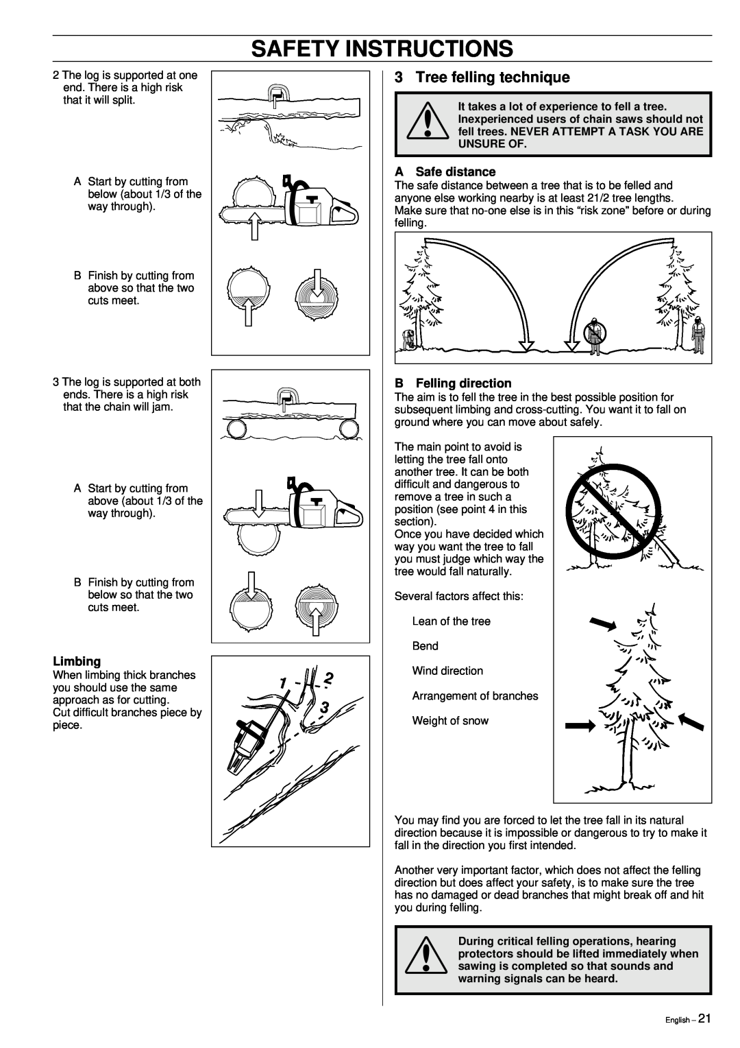 Jonsered 2149 manual Tree felling technique, A Safe distance, Limbing, B Felling direction, Safety Instructions 