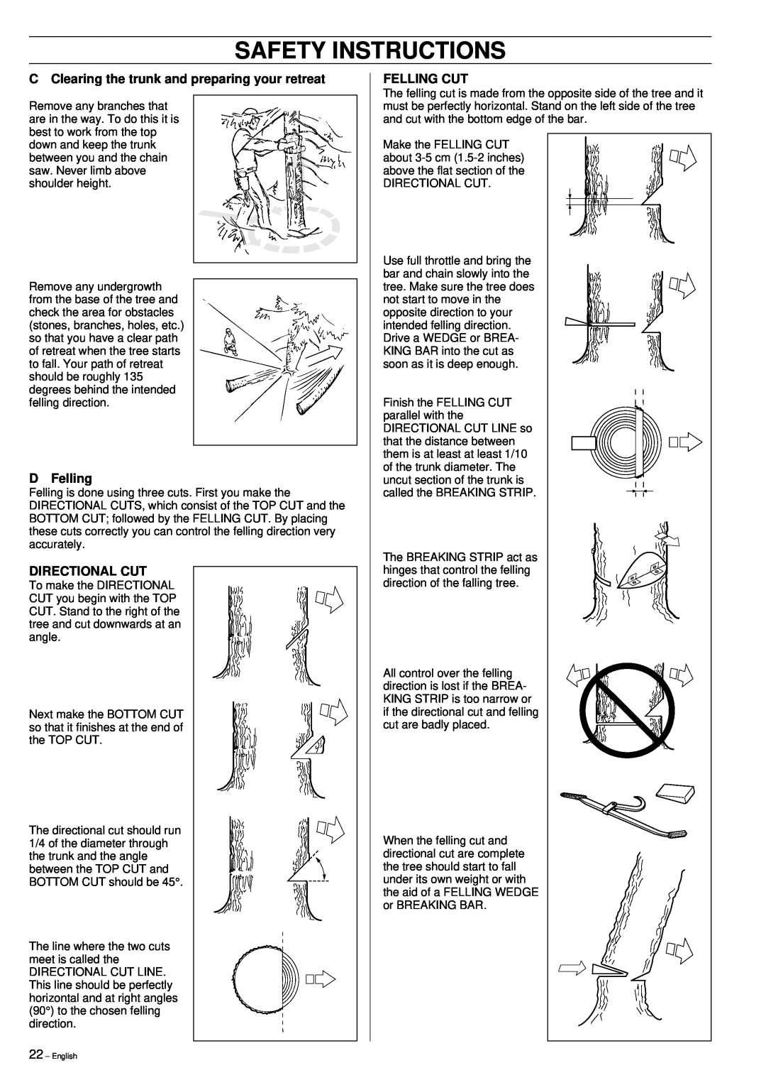 Jonsered 2149 manual C Clearing the trunk and preparing your retreat, D Felling, Directional Cut, Felling Cut 