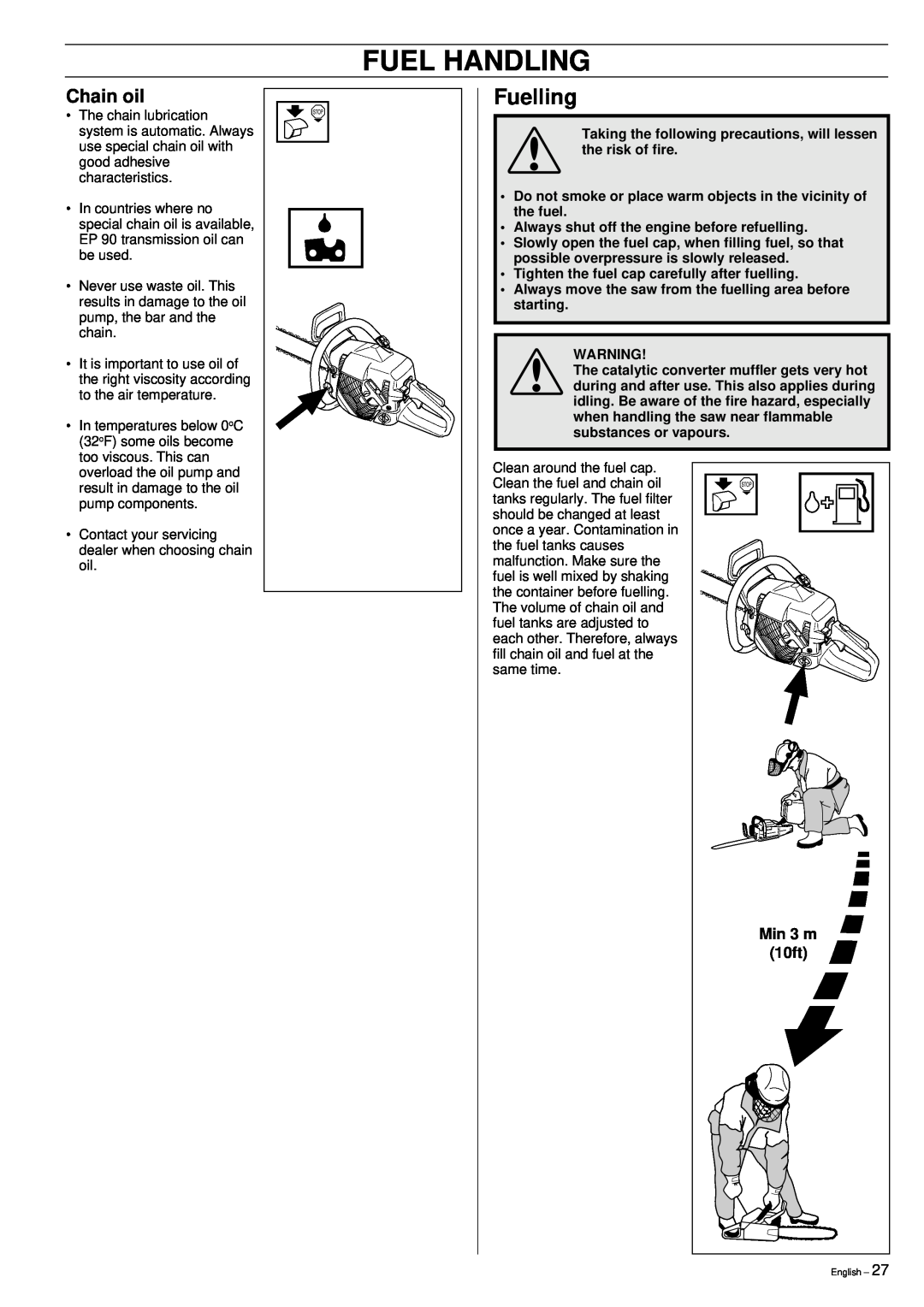 Jonsered 2149 manual Fuelling, Chain oil, Min 3 m, 10ft, Fuel Handling 