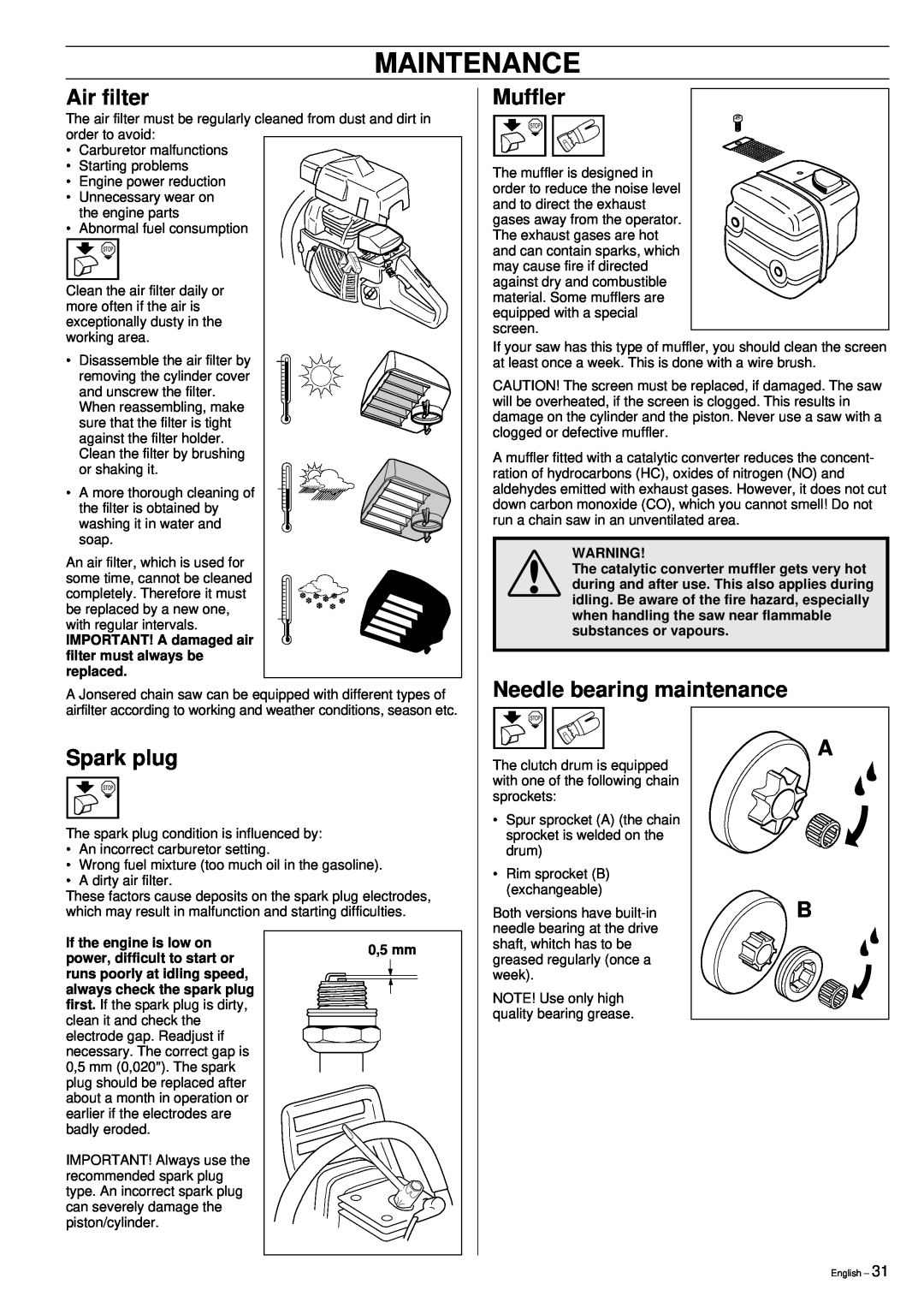 Jonsered 2149 manual Air filter, Muffler, Needle bearing maintenance, Spark plug, Maintenance 