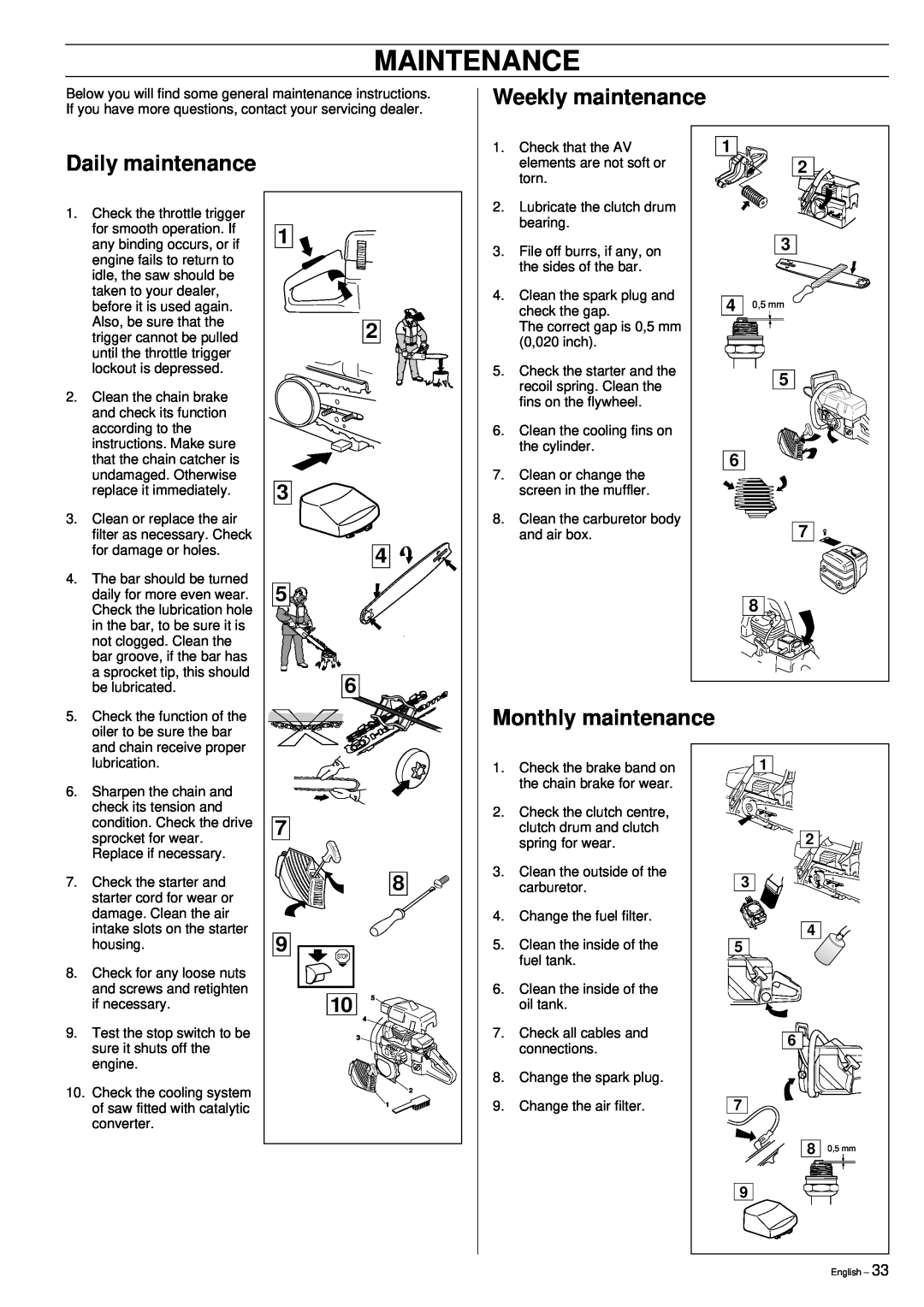 Jonsered 2149 manual Weekly maintenance, Daily maintenance, Monthly maintenance, Maintenance 