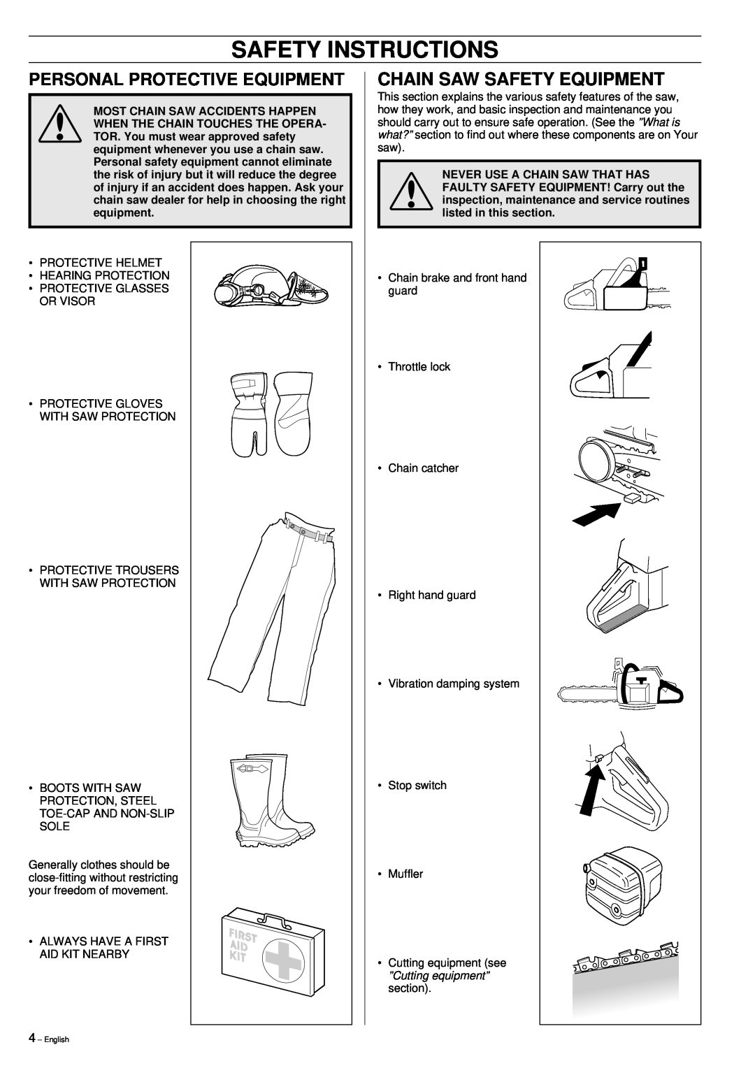 Jonsered 2149 manual Safety Instructions, Chain Saw Safety Equipment, Personal Protective Equipment 